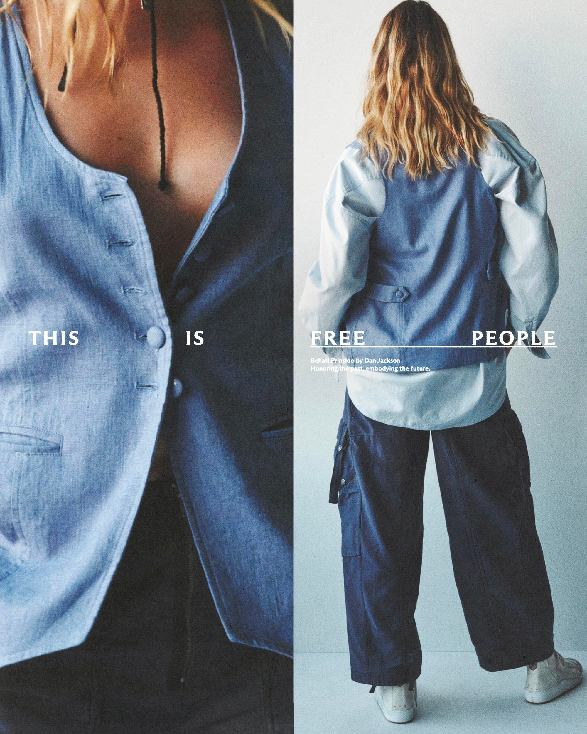 Free People TIFP diptych: denim vest detail left + back-view model in pale denim/cargo pants right