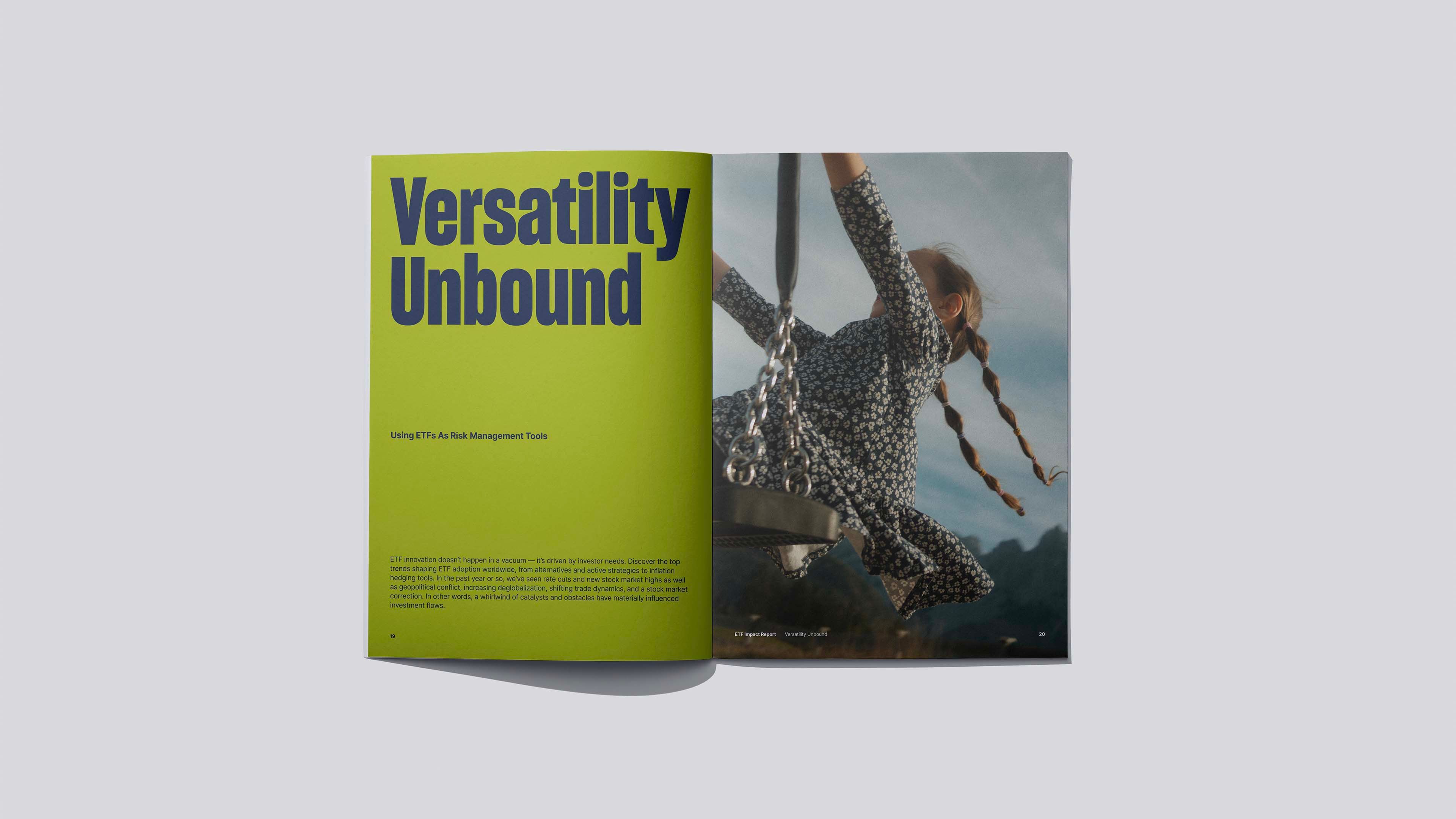 print spread of ETF Impact Report: "Versatility Unbound" on chartreuse left page; child on swing photo at right