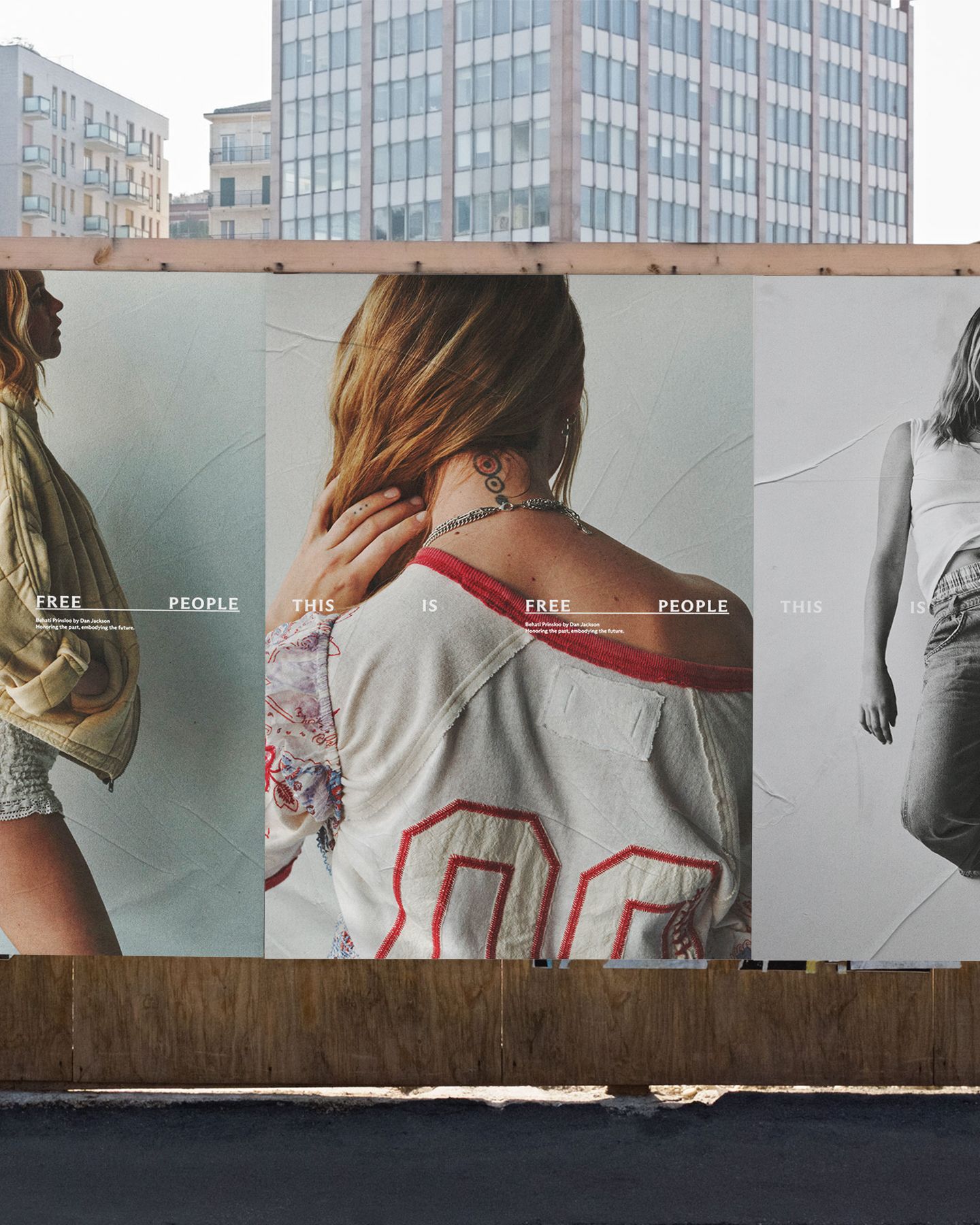 Three wheatpasted posters showing editorial Free People campaign