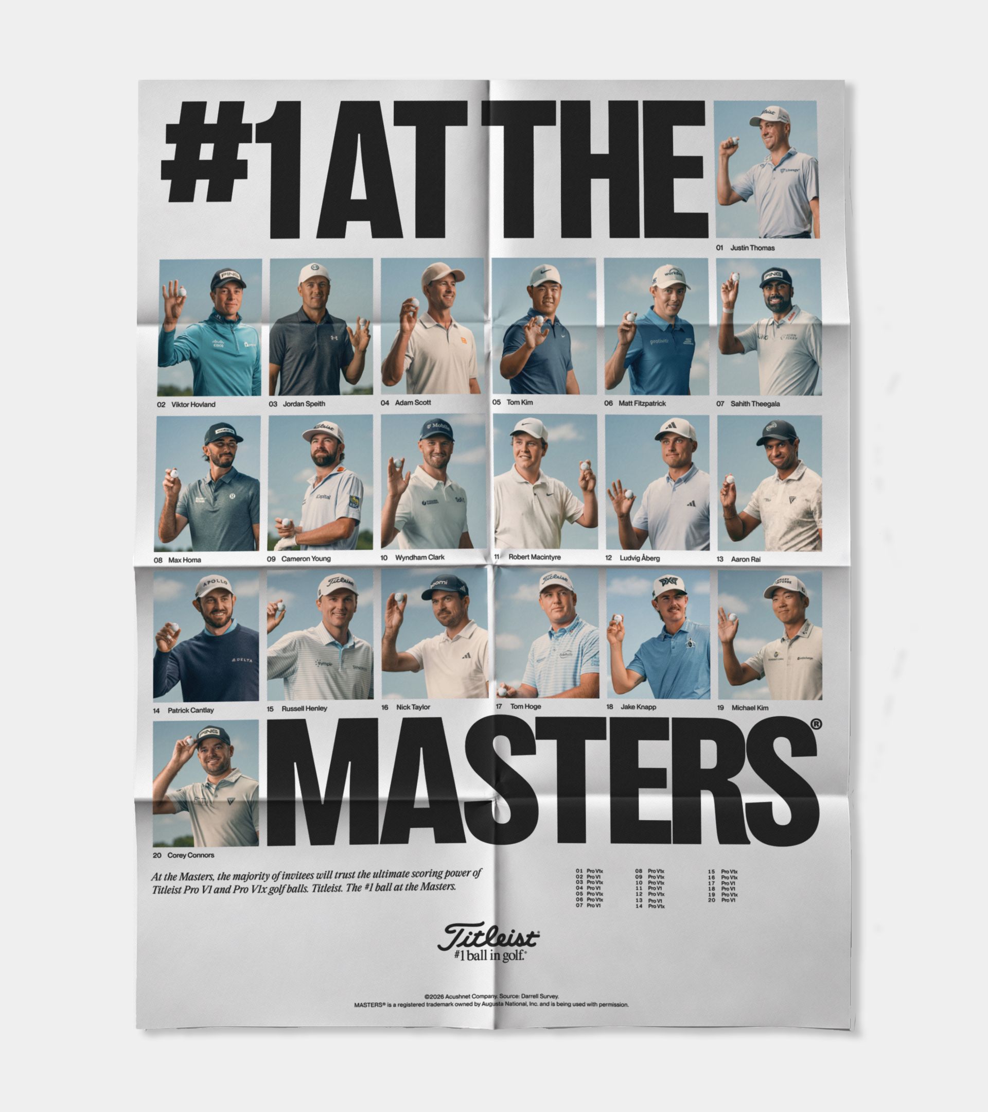 Folded poster headlined “#1 at the Masters” with a grid of 20 numbered player portraits, each golfer holding up a golf ball against a blue sky.