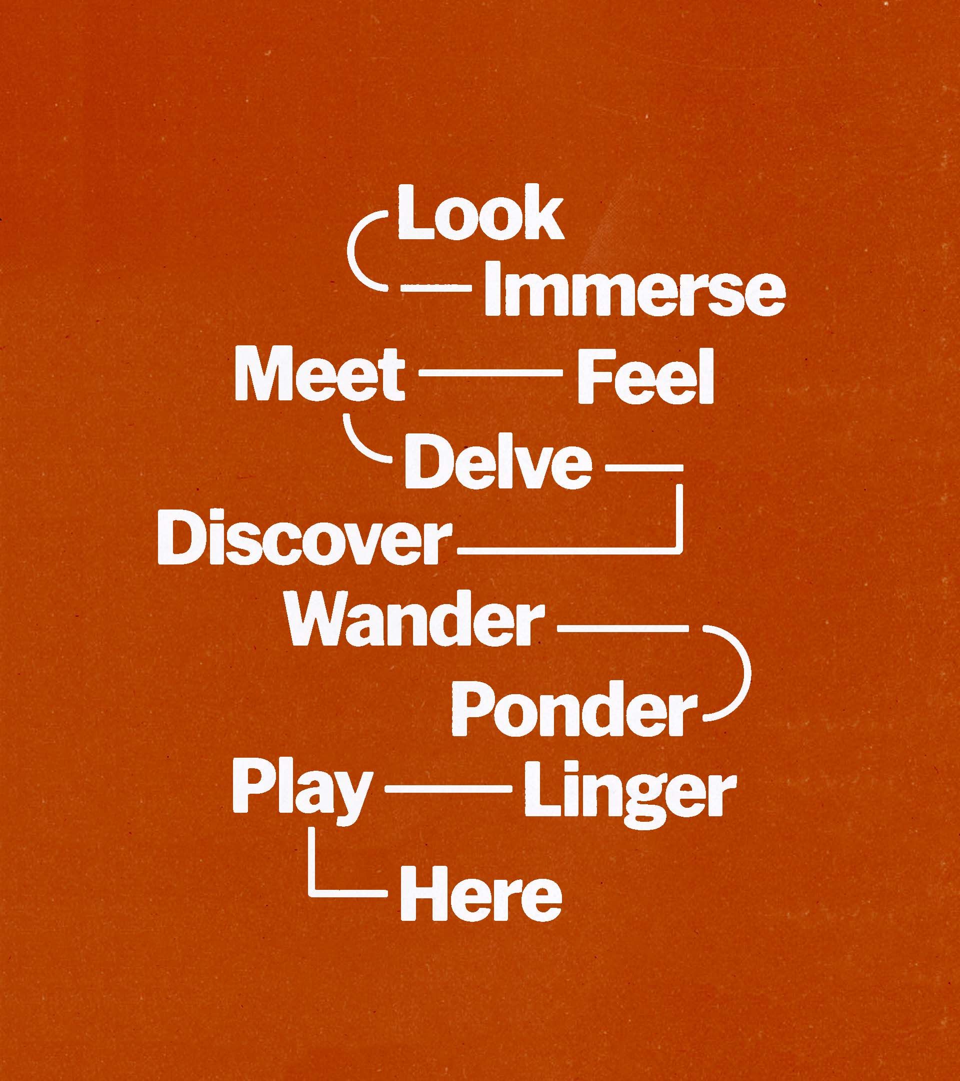 Curves and lines connecting verbs like "feel, meet, delve, play" in between "Look" and "Here", white type on orange fill