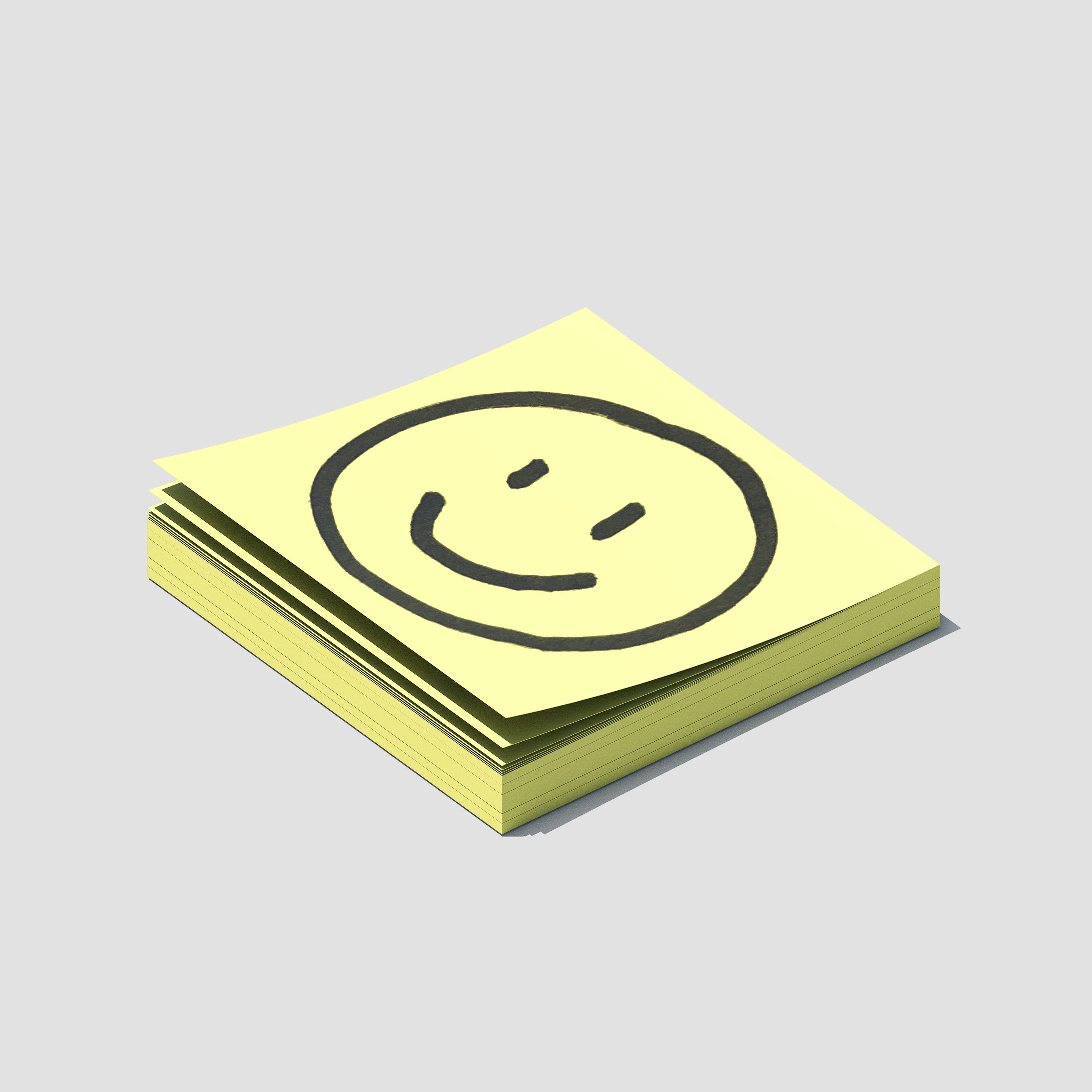 Moss Workspace brand asset; 3D rendered yellow sticky note pad with hand-drawn smiley face on light grey background