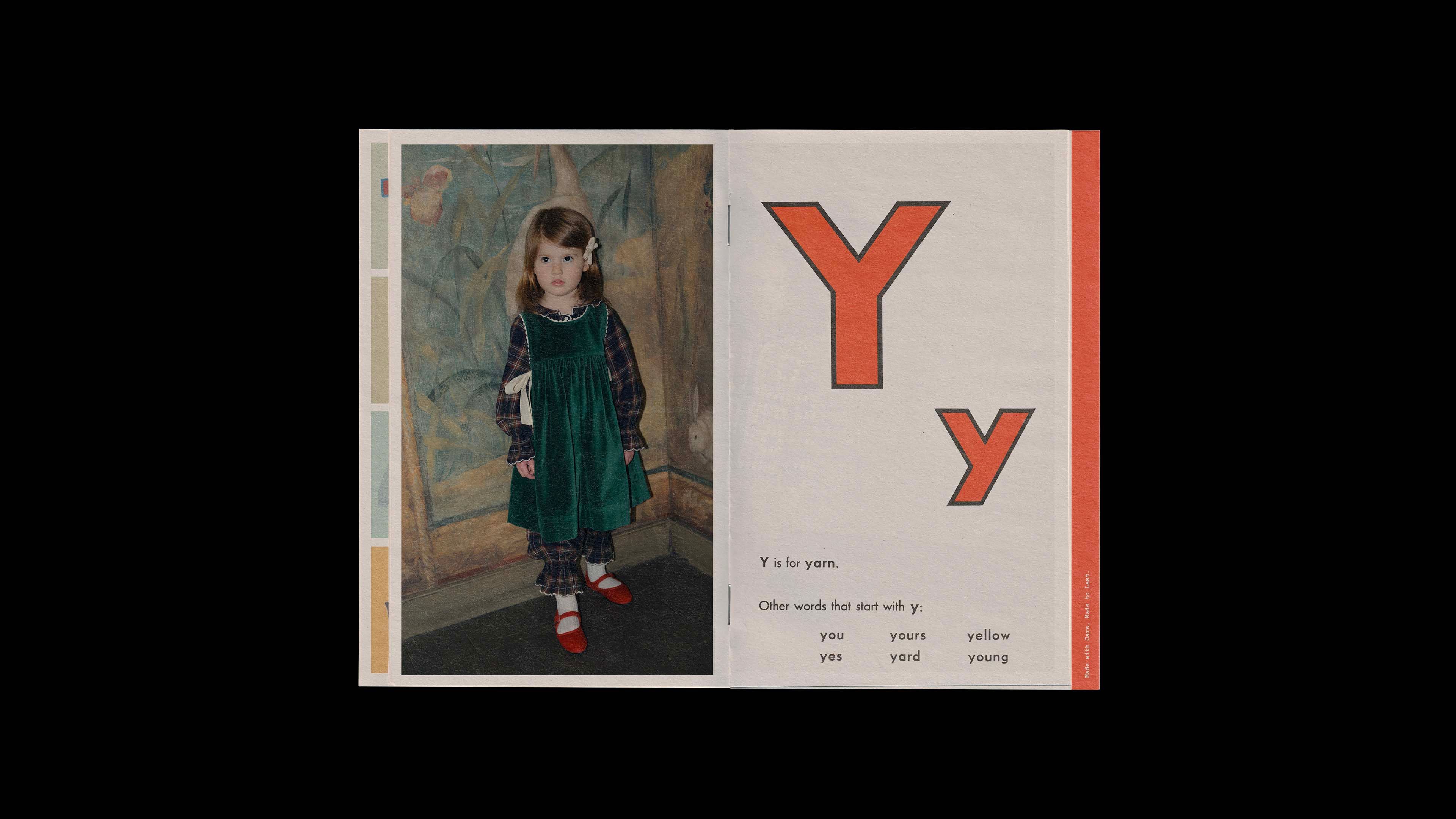 Misha & Puff catalog spread: child in green velvet pinafore and plaid blouse on left; right page shows large "Y is for yarn."