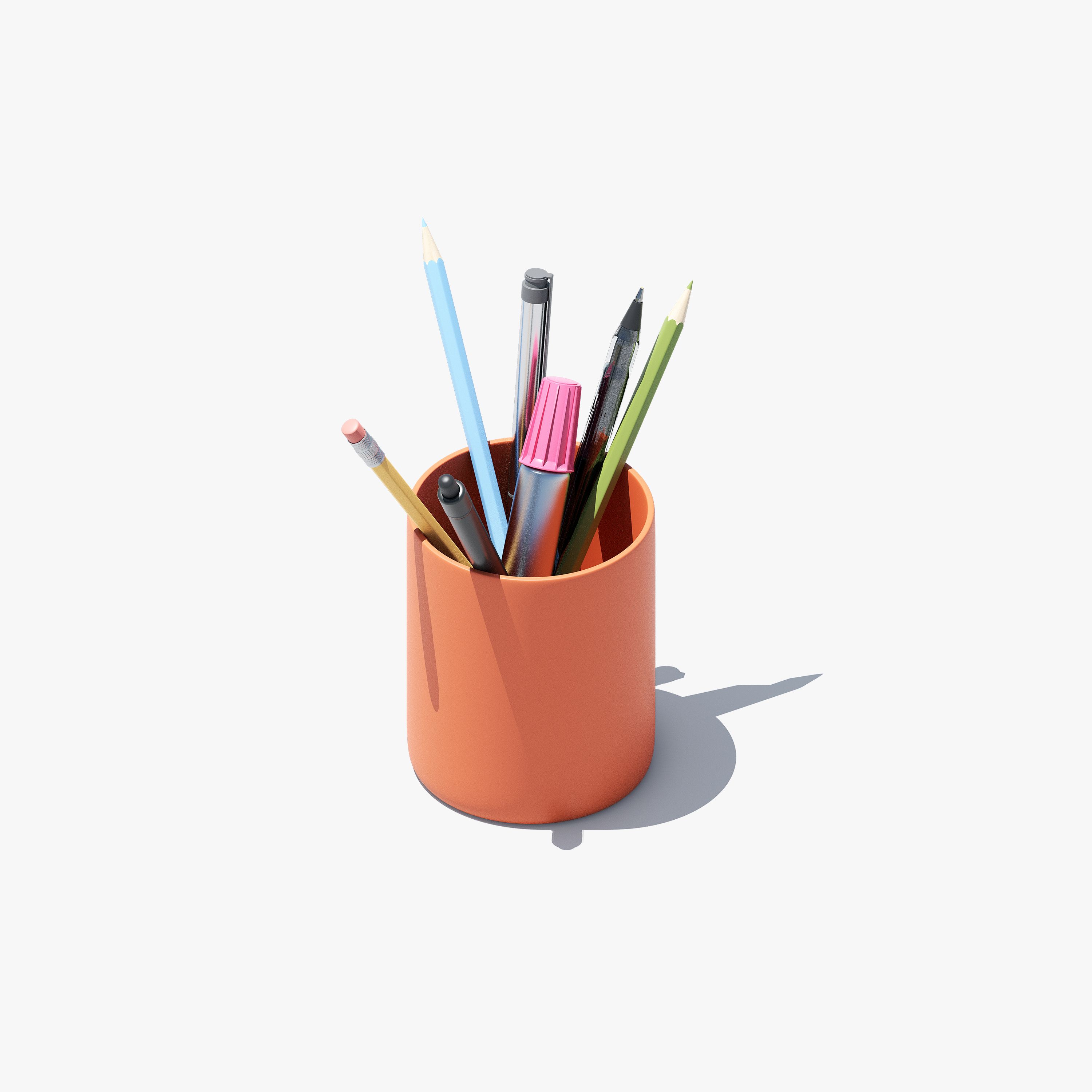 Moss Workspace brand asset; 3D rendered terracotta pencil cup with assorted drawing tools