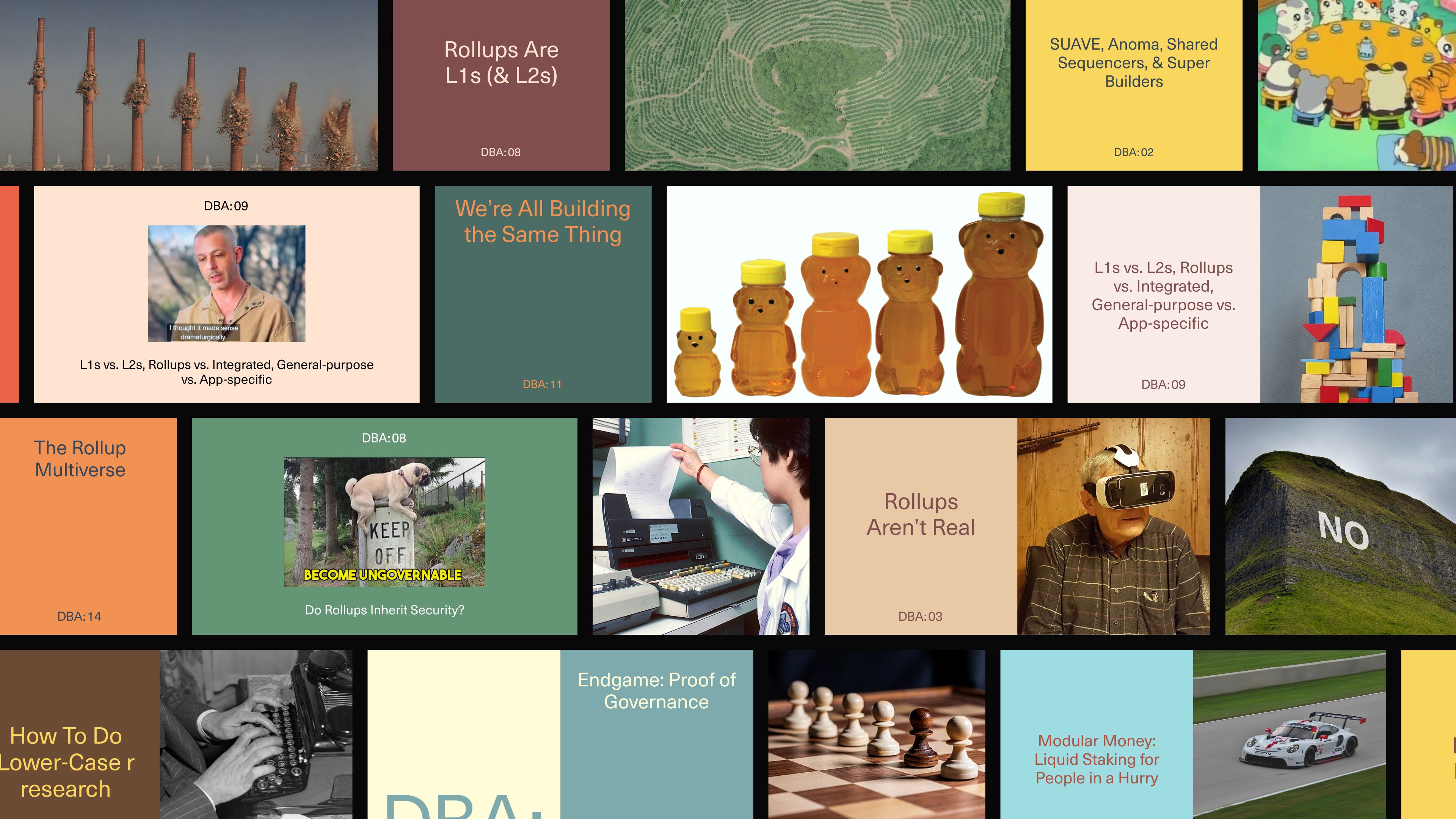 DBA editorial content grid: varied episode cards mixing meme images, typography, and photography across a tiled mosaic layout