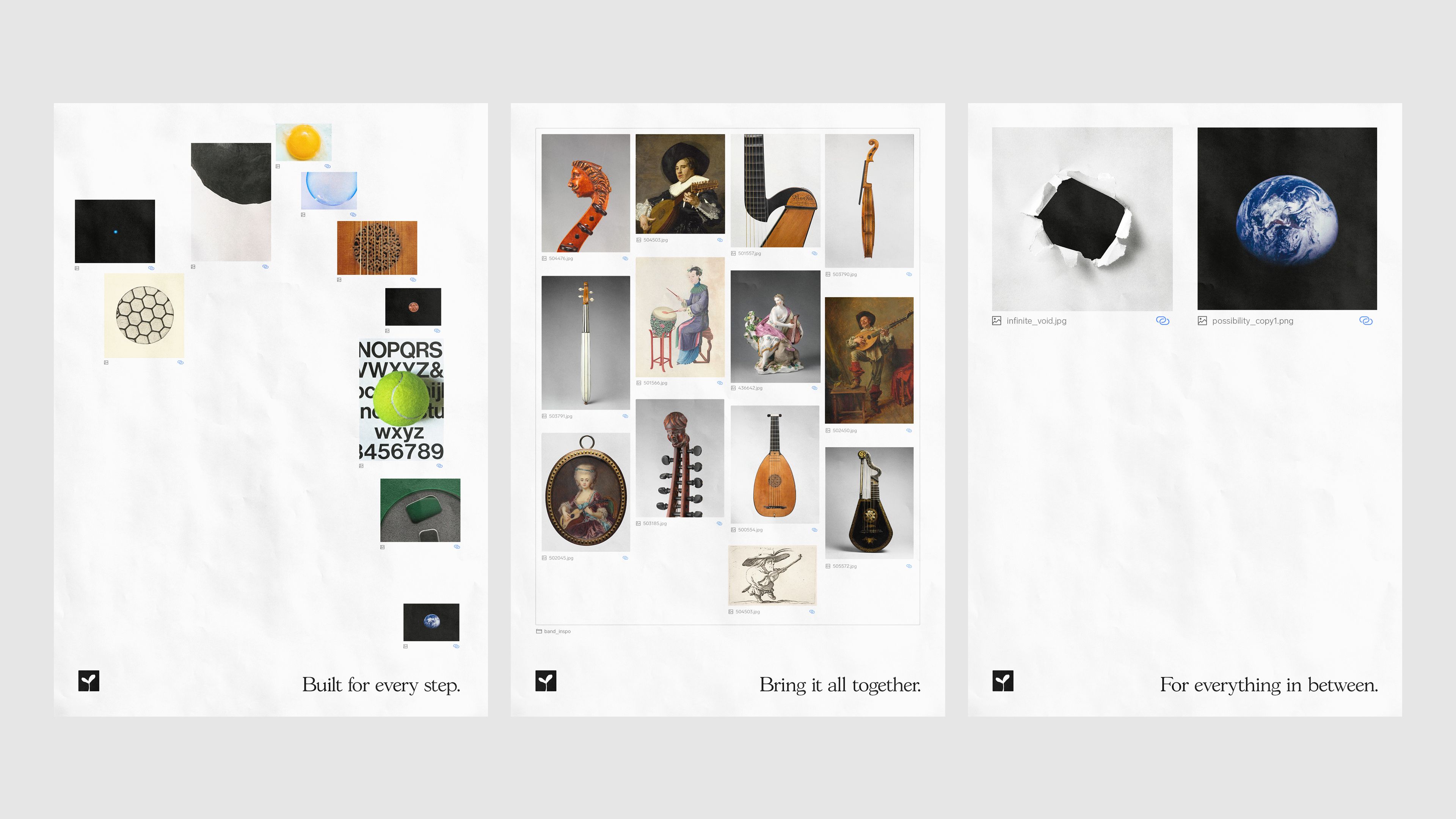 Moss brand poster triptych: object collage / museum art grid / torn paper earth, each different densities