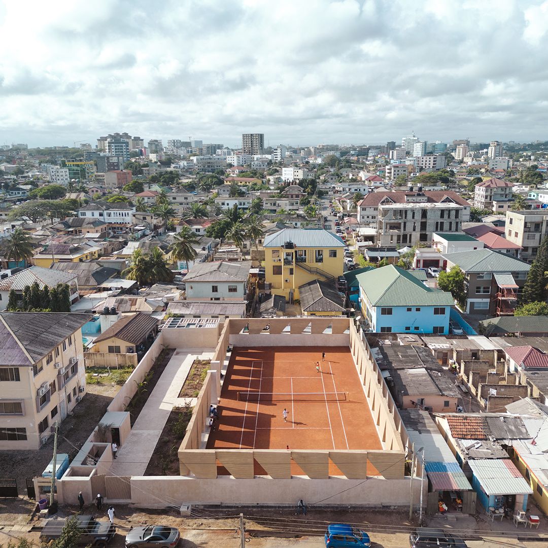 Backyard Community Club, Accra, DeRoche Projects, precast rammed earth, tennis