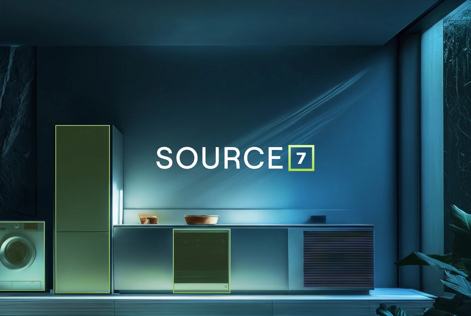White text "SOURCE 7" on a dark blue wall in a modern room with a washing machine and refrigerator.
