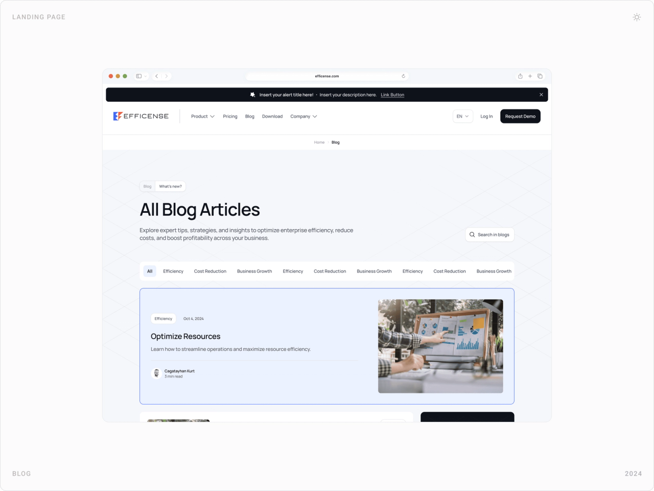 “All Blog Articles” page with category filters and a featured “Optimize Resources” article