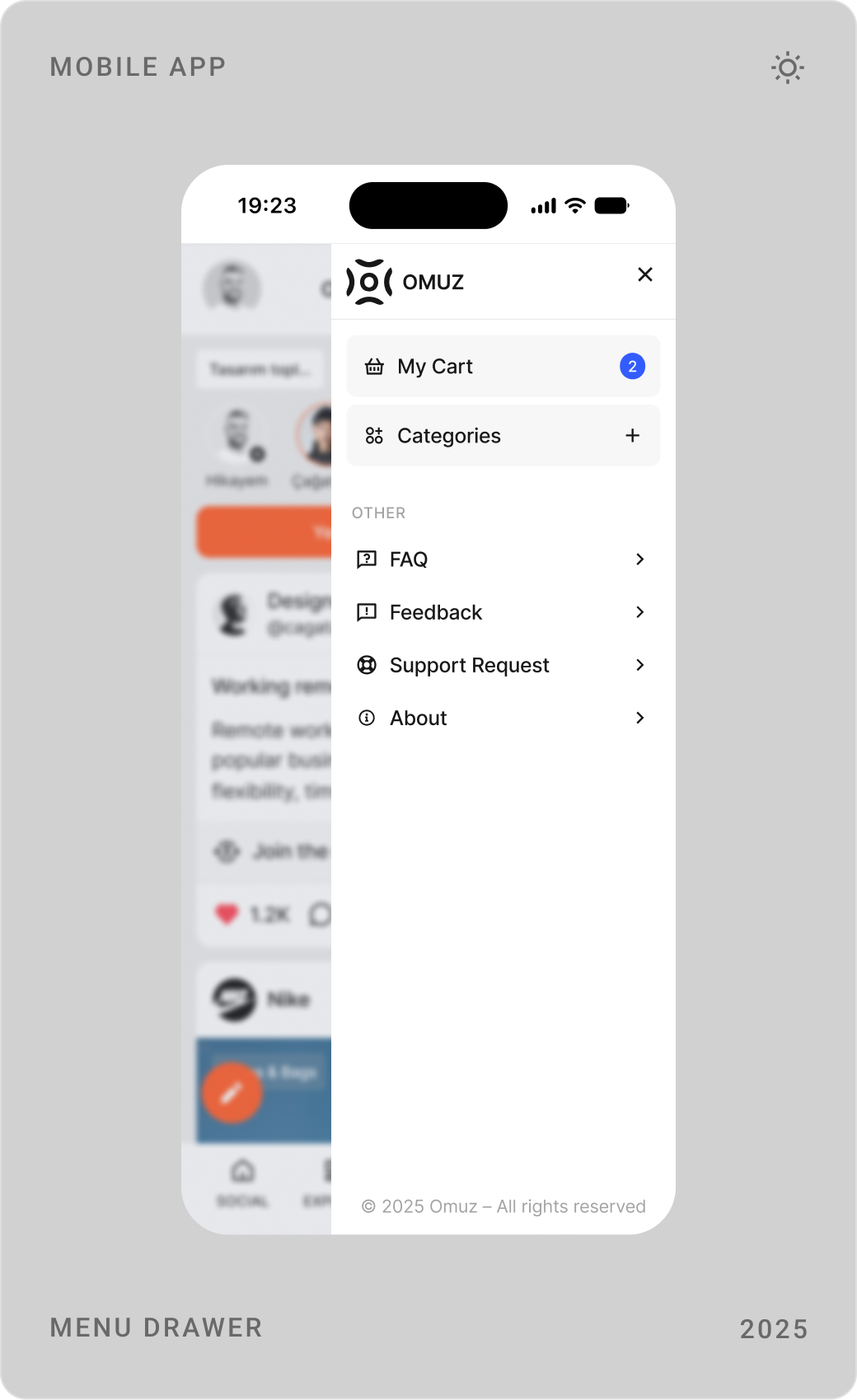 Omuz mobile screens: edit menu with category grid, menu drawer and expanded filter with categories and post types