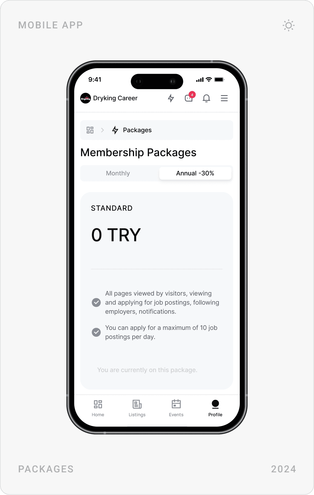 Mobile Istanbul Galata Event page, Membership Packages with monthly and annual toggle, and job listing detail with Apply button
