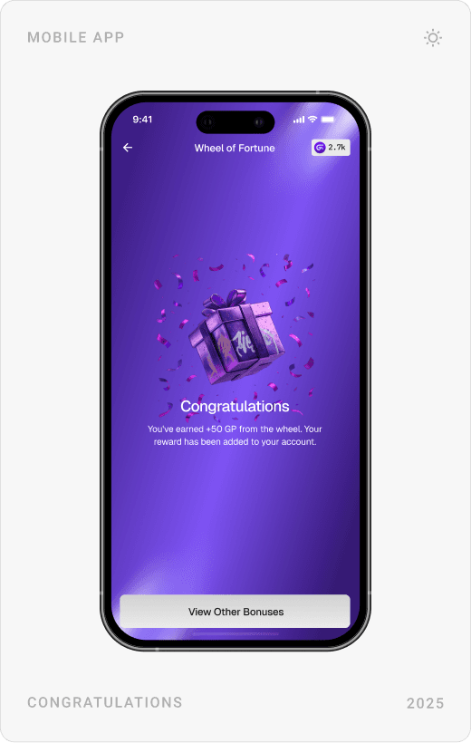 Bonuses screen with login series, marathon, friend invitation and raffle; a wheel of fortune; and a congratulations screen