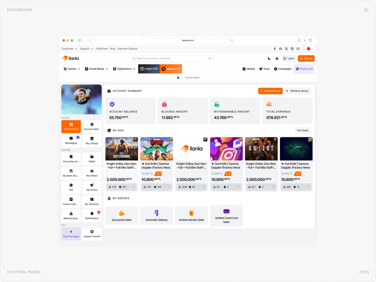 Seller control panel with account summary cards, My Ads listing cards and My Badges, with a side menu