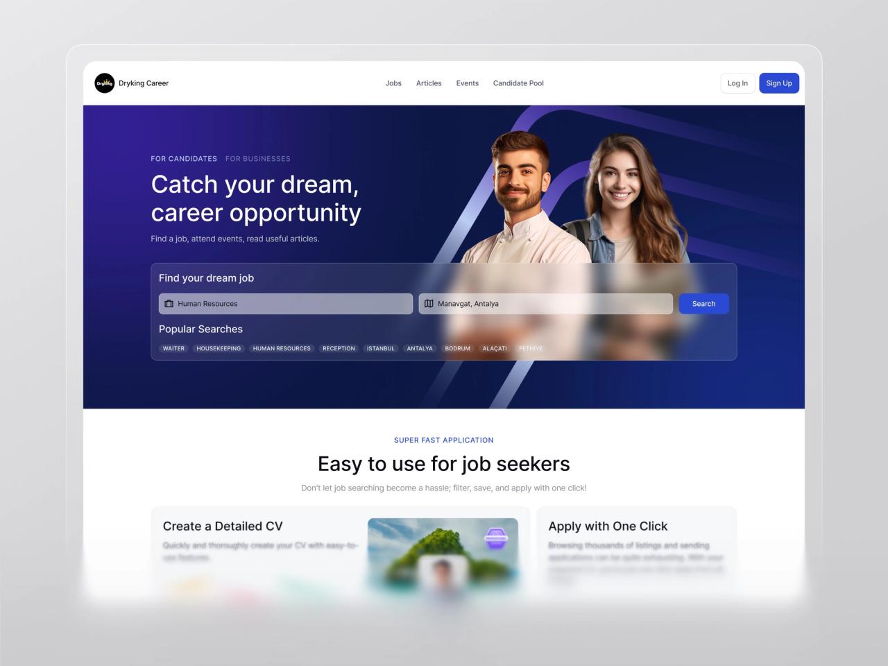 Dryking Career landing page with “Catch your dream, career opportunity” hero, job and location search and one-click apply features