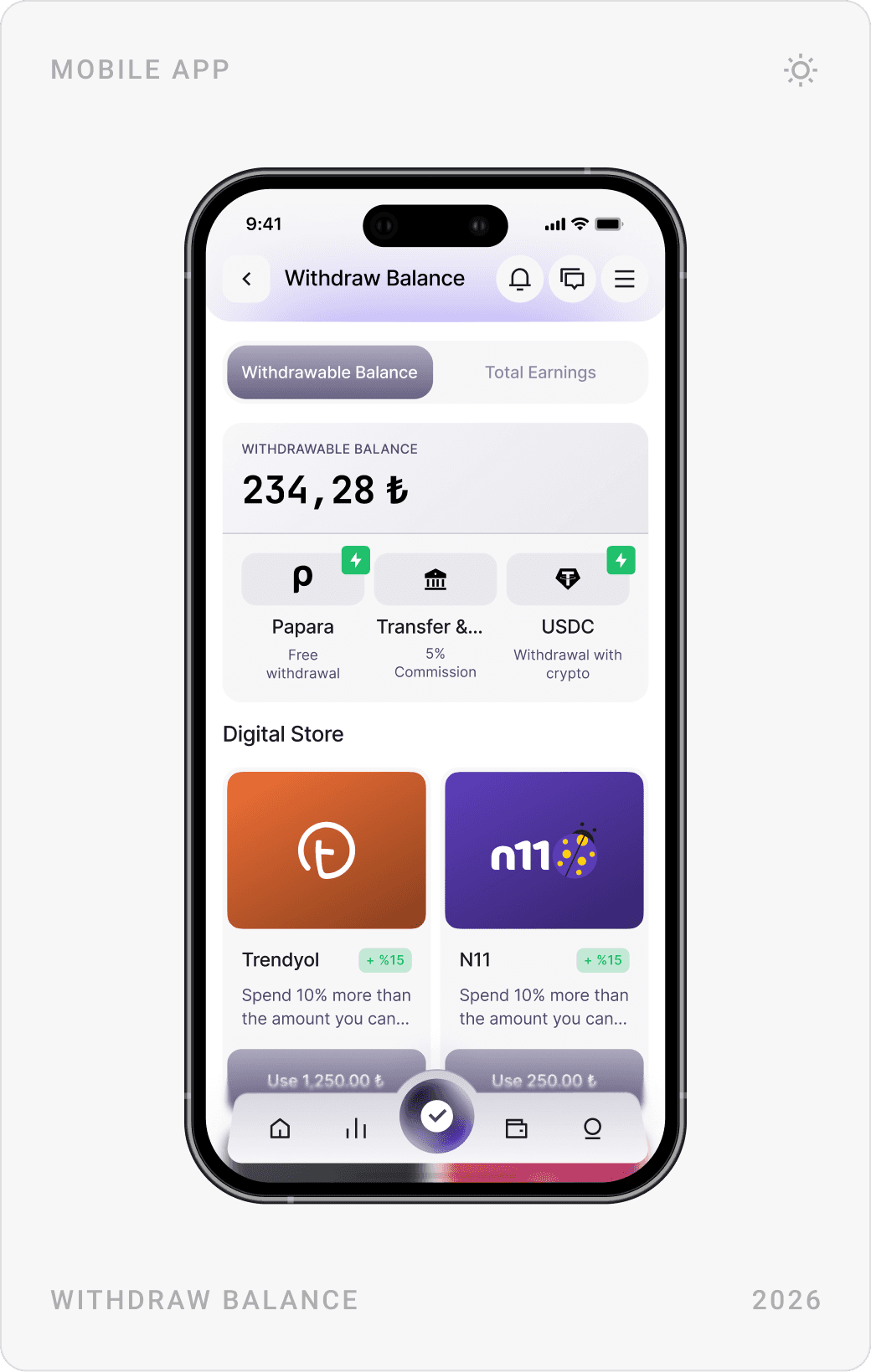Withdraw Balance screen with Papara, transfer and USDC options and store vouchers, support requests by status, and security settings