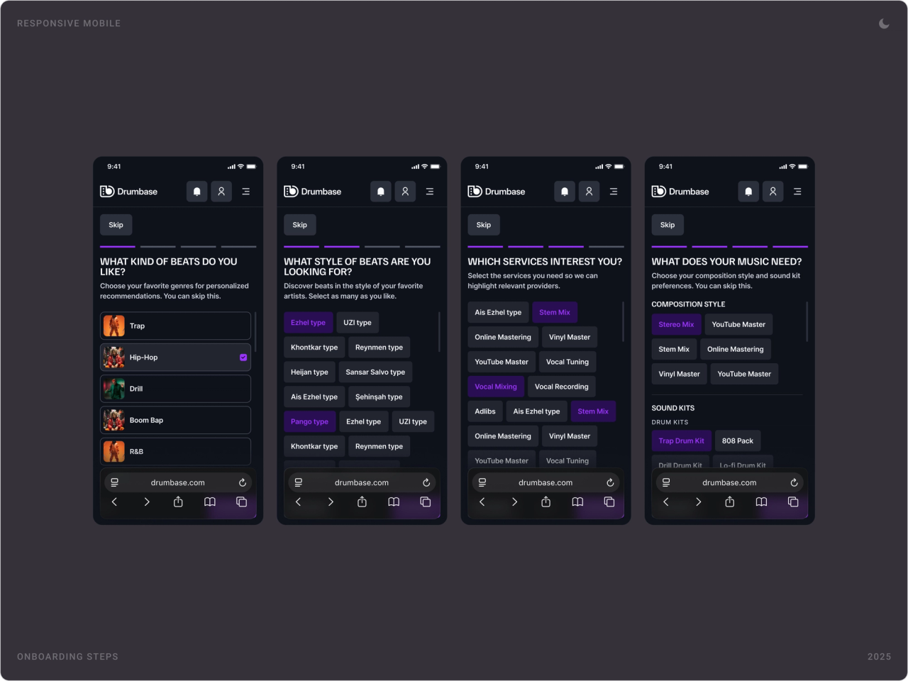 Four mobile onboarding steps: favourite genres, beat styles, services of interest and composition styles and sound kits