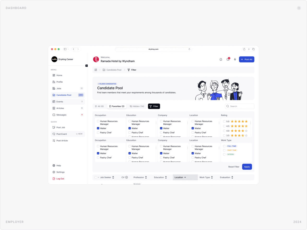 Candidate Pool with filters for occupation, education, company, location, star rating and work type, above a sortable candidate table