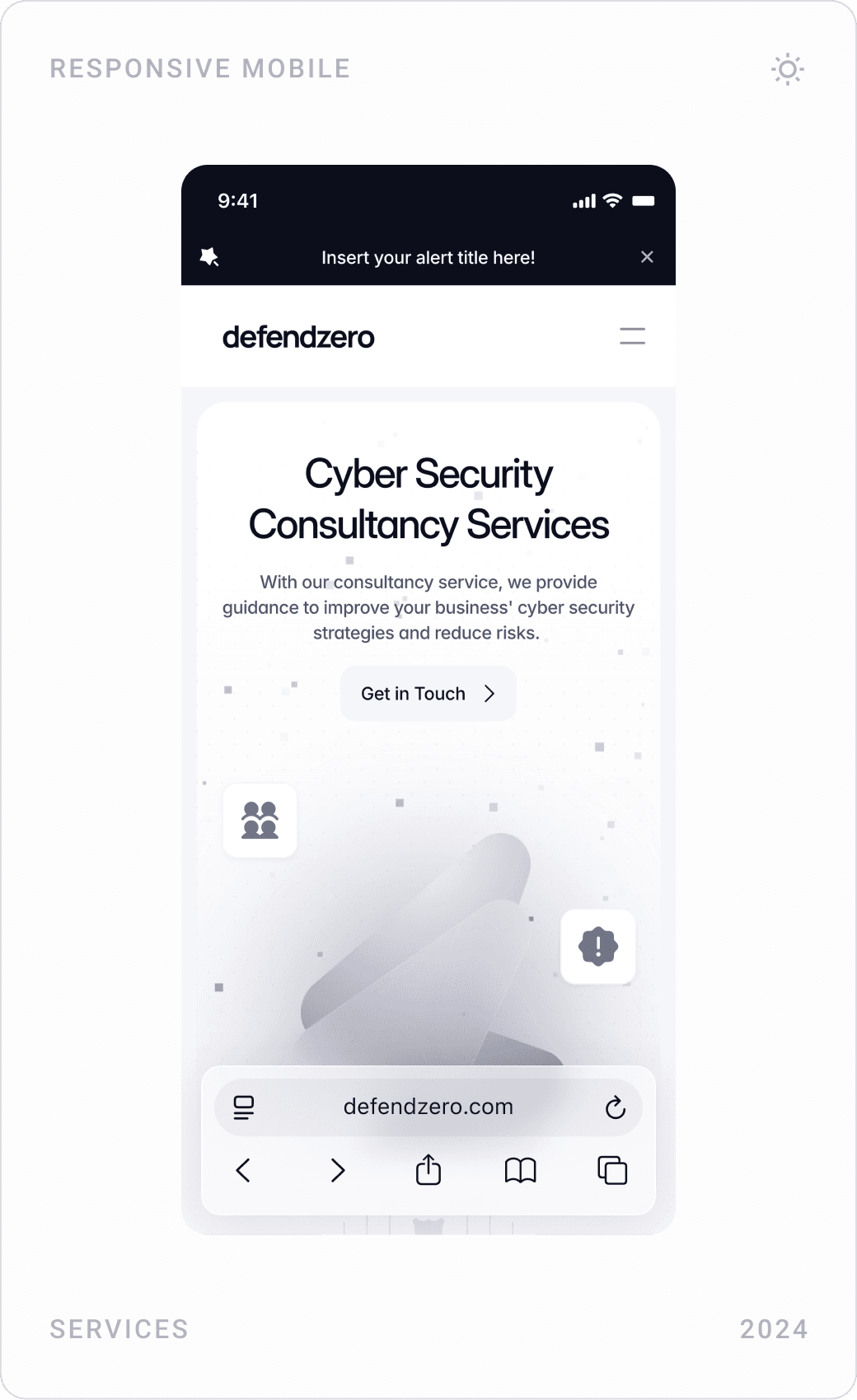Consultancy mobile pages: hero, risk assessment and cyber security trainings, compliance and legal consultancy, security architecture