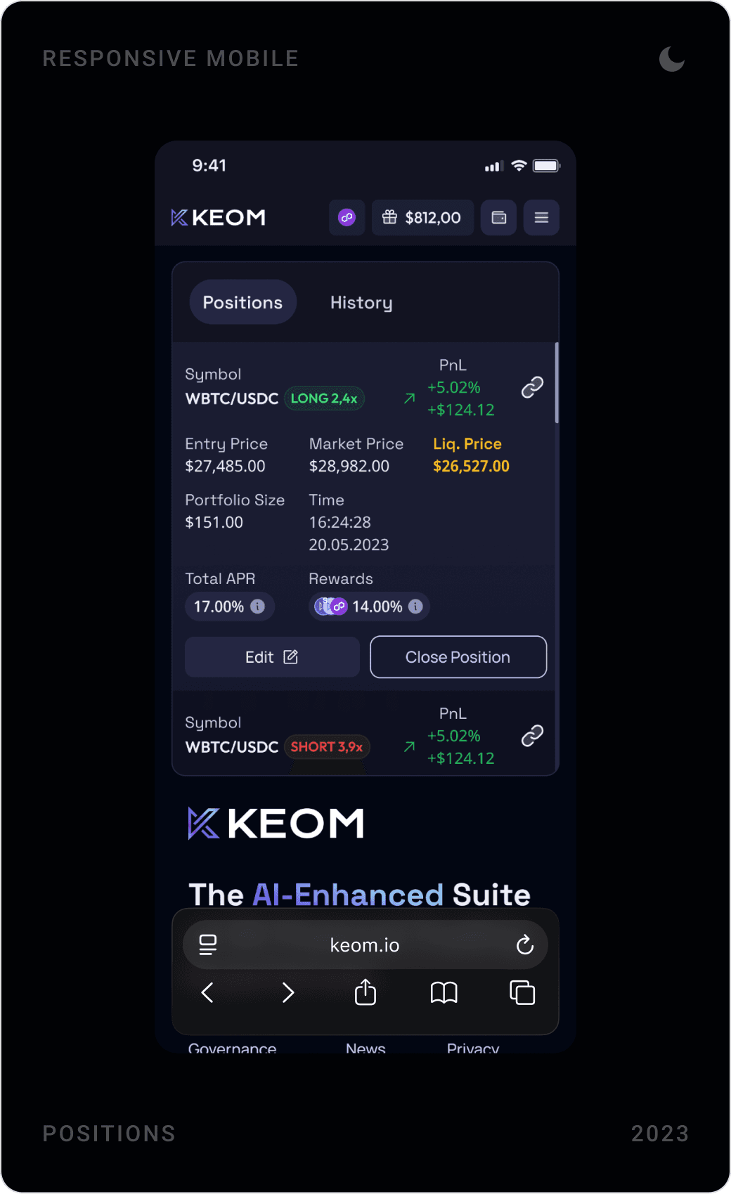 KEOM mobile margin trading: price chart, long/short order form and positions list with edit and close actions