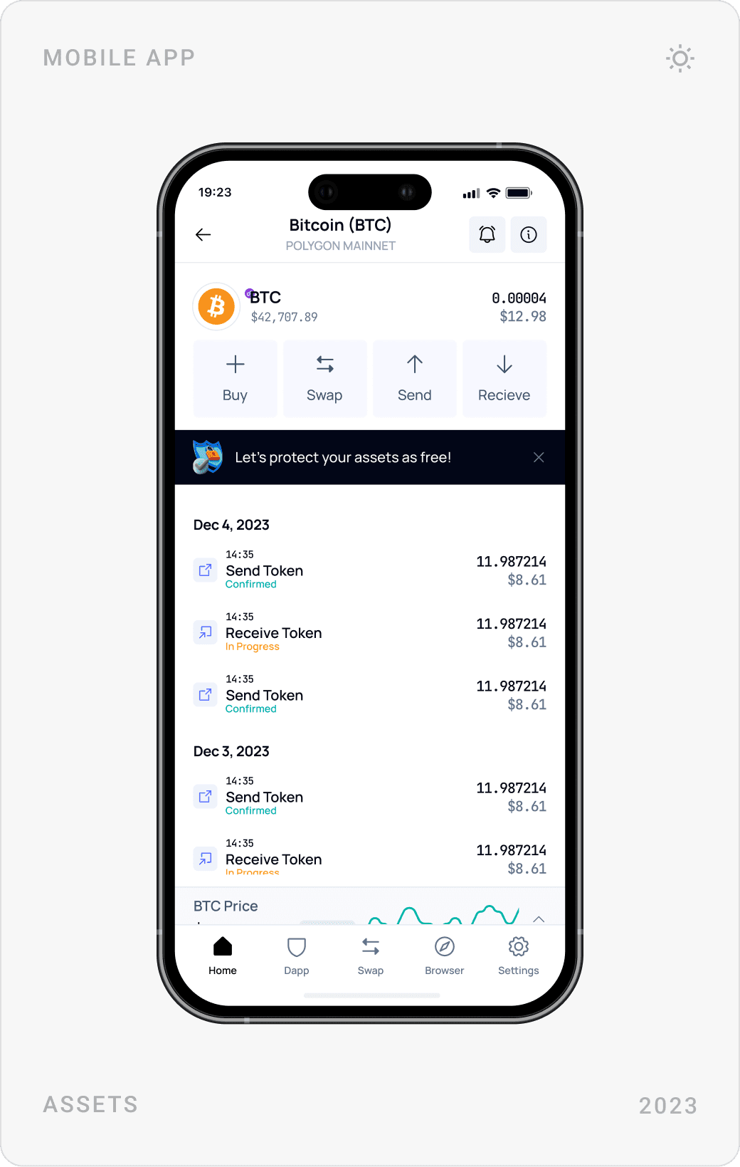 Mobile wallet home with $1,024.04 balance and empty token state, Bitcoin asset list, and Bitcoin asset detail with price chart