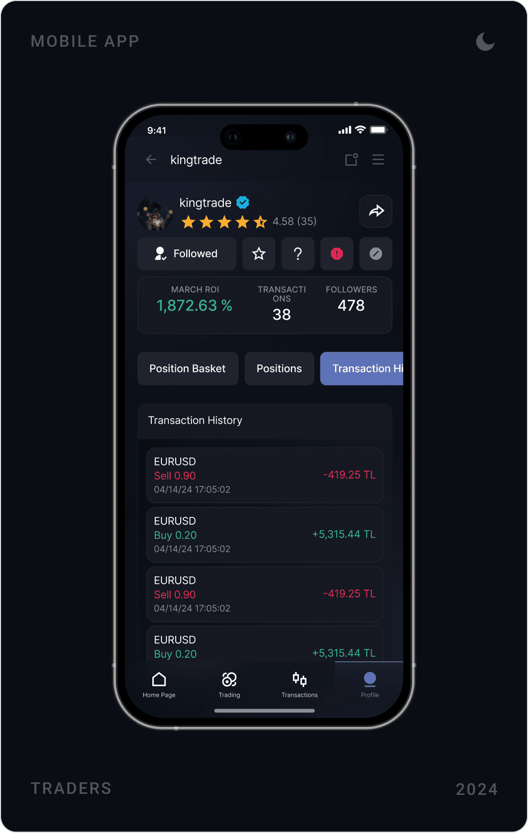 Dark trader profile with rating, followers and position baskets, the trader’s transaction history, and a post comment sheet with star rating