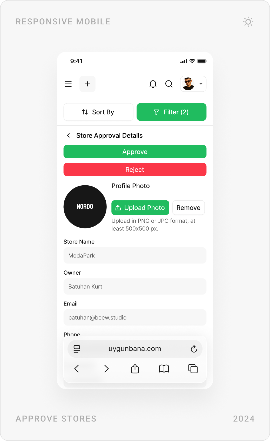 Mobile admin screens: sales report with commission, editing the About section of the website, and store approval details