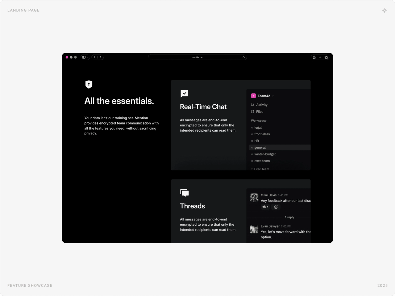 Dark “All the essentials.” section with real-time chat and threads cards showing Mention’s workspace UI