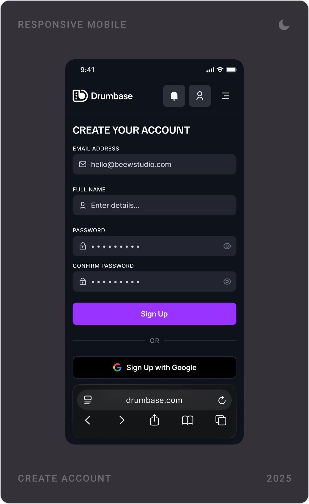Dark mode mobile screens: create account, a message thread negotiating a beat price, and the message list