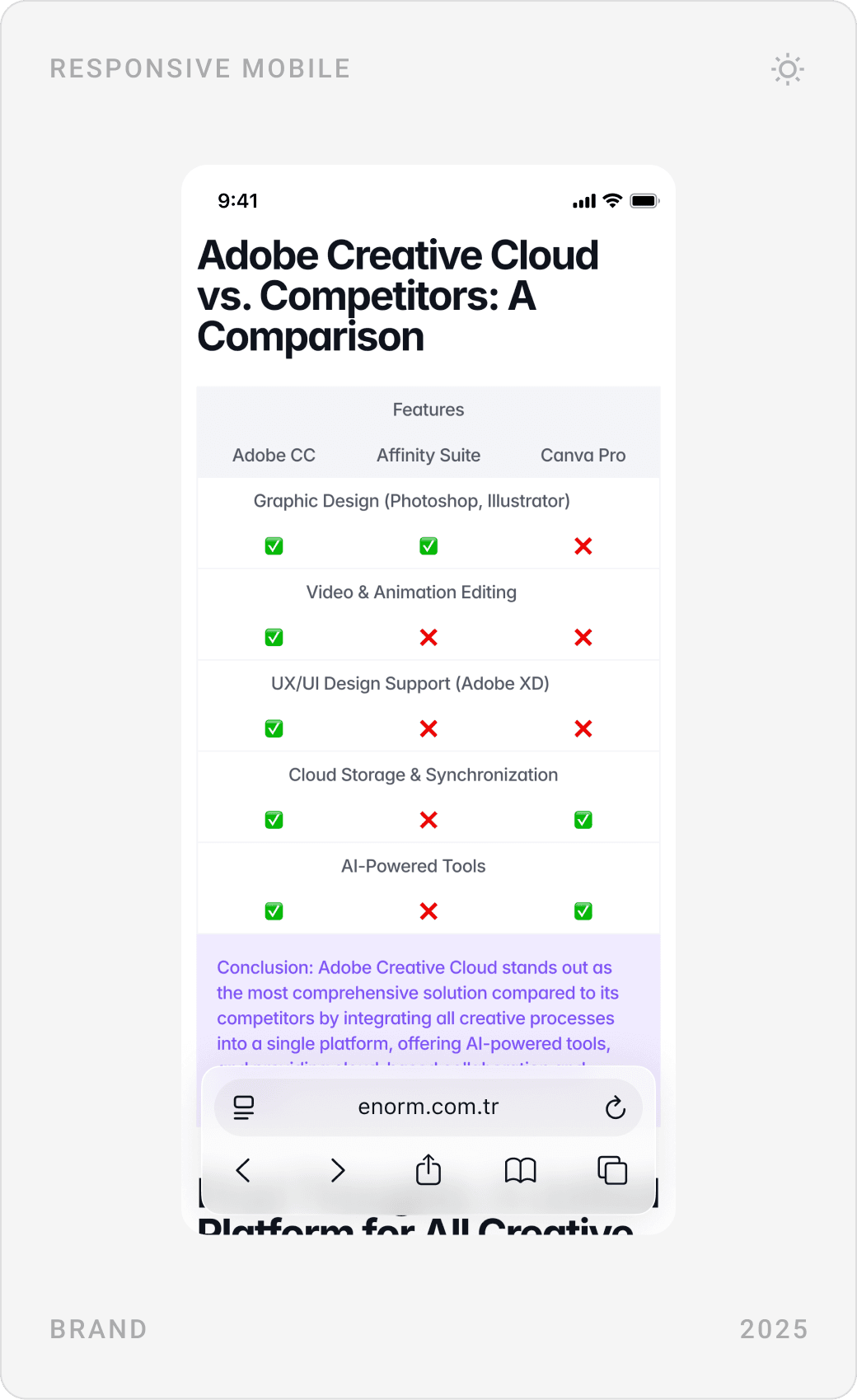 Mobile Adobe brand page: hero, main applications of Adobe Creative Cloud and a comparison table with Affinity Suite and Canva Pro