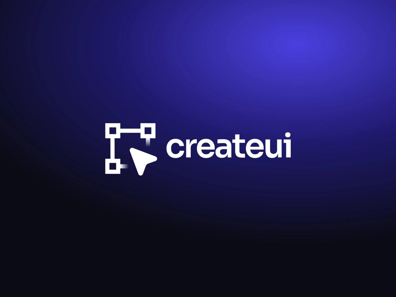 Create UI logo, a selection frame with a cursor next to the createui wordmark, on light and dark indigo backgrounds