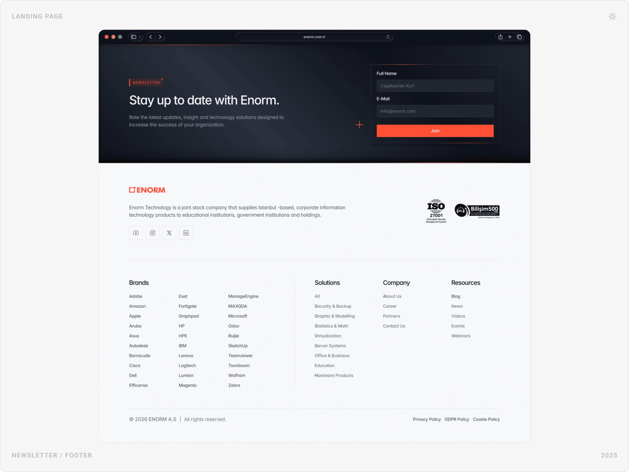 “Stay up to date with Enorm” newsletter band above the footer with ISO 27001 and Bilişim 500 badges and brand and solution lists