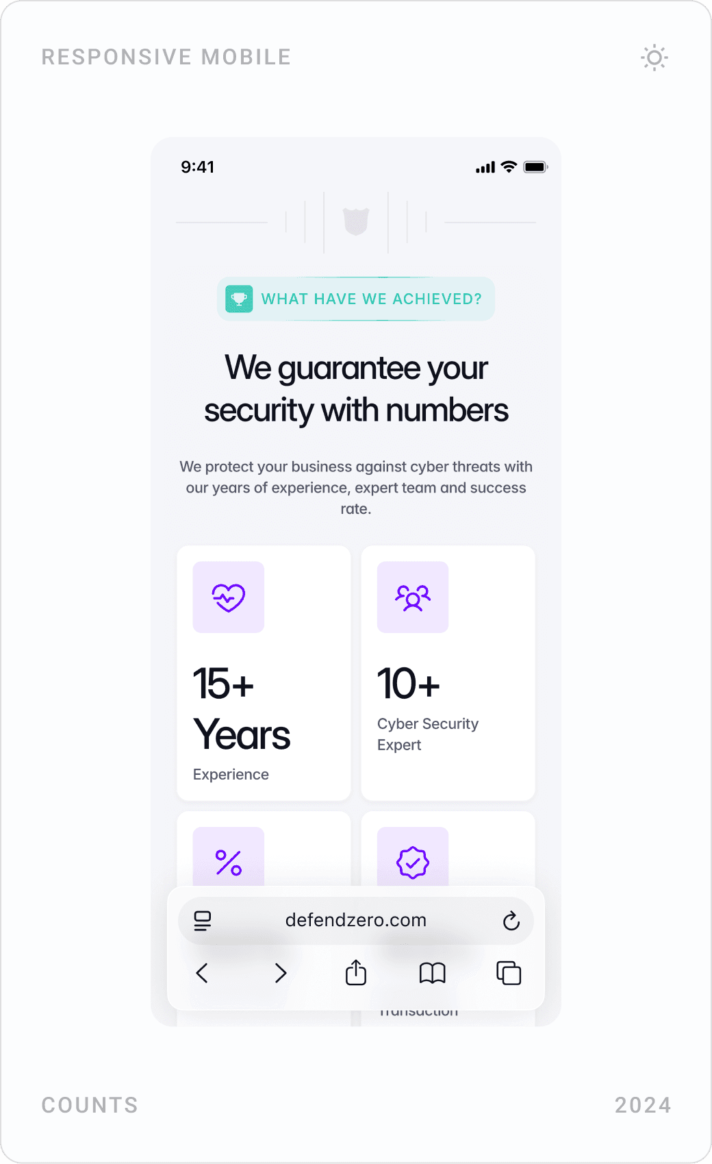 Mobile service cards for Penetration Test, Consulting and Code Analysis, and “We guarantee your security with numbers” counters
