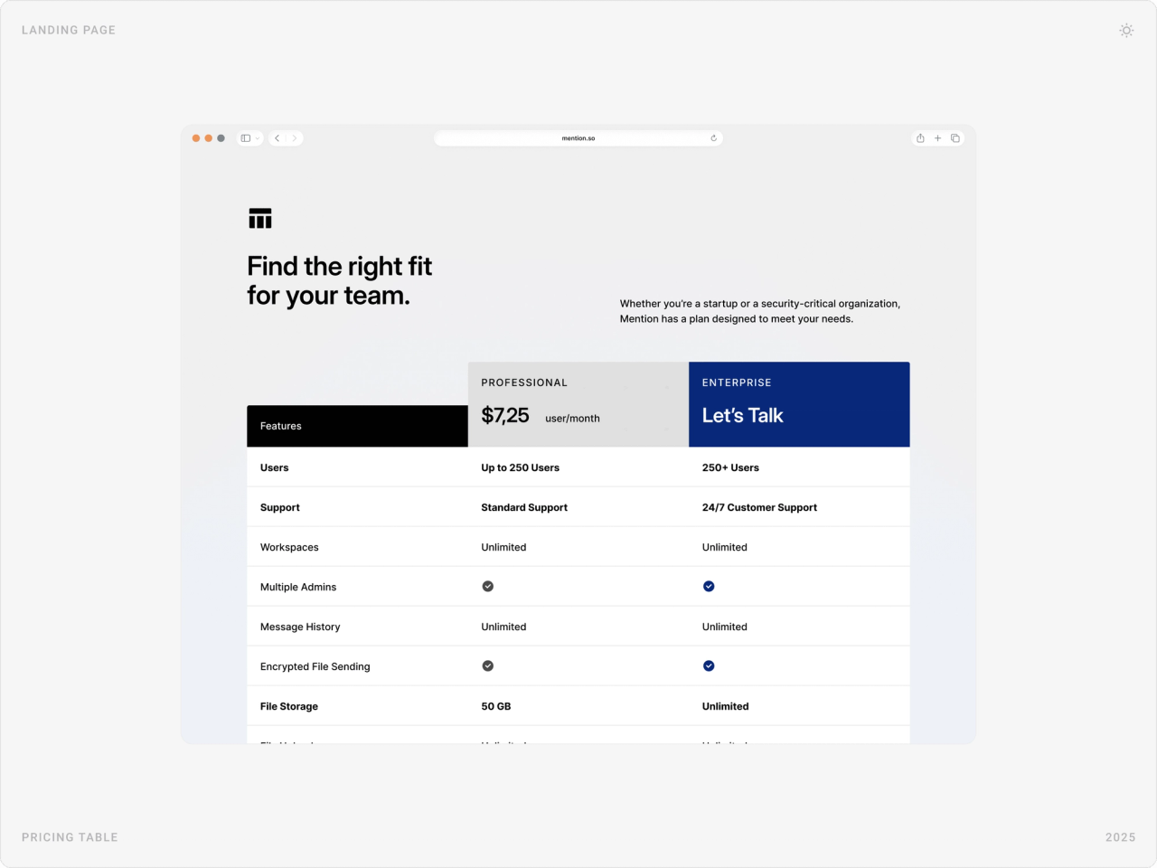 “Find the right fit for your team.” pricing table comparing the Professional and Enterprise plans feature by feature