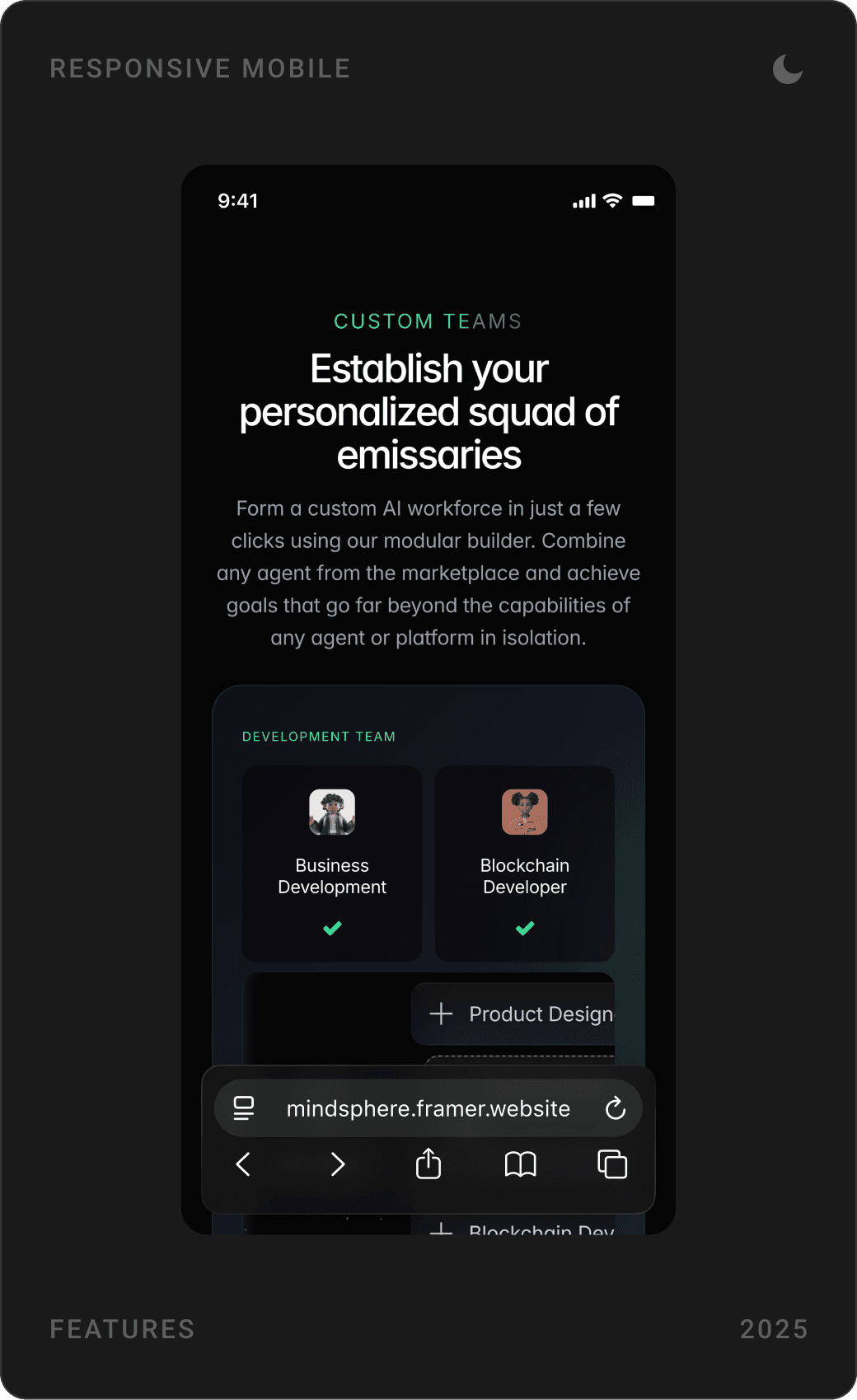 Mobile sections: explore AI operatives with a product designer agent, build a custom squad of agents, and merge your preferred applications