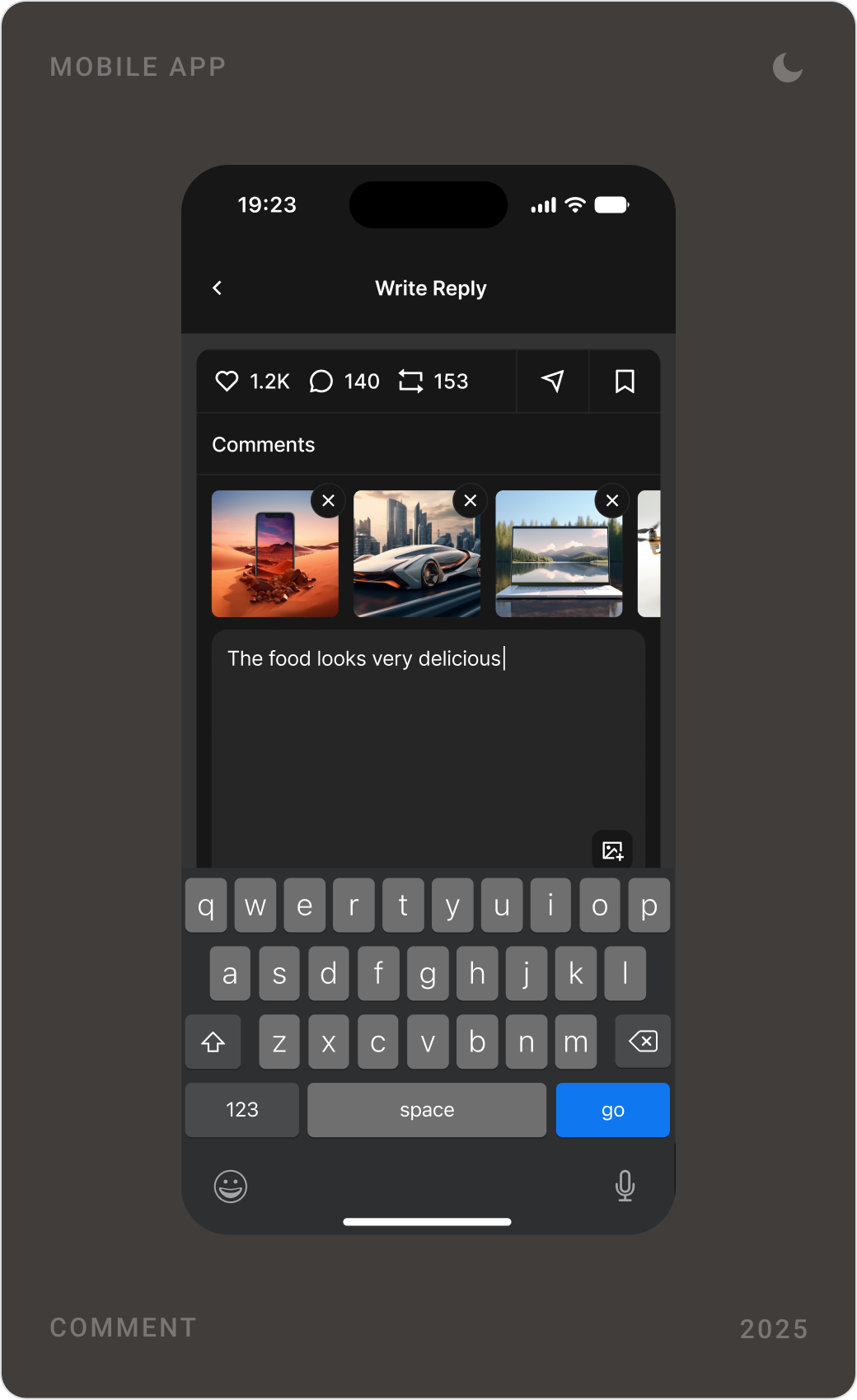 Dark mode screens: writing a comment with photos, the news feed with featured news, and a reply thread