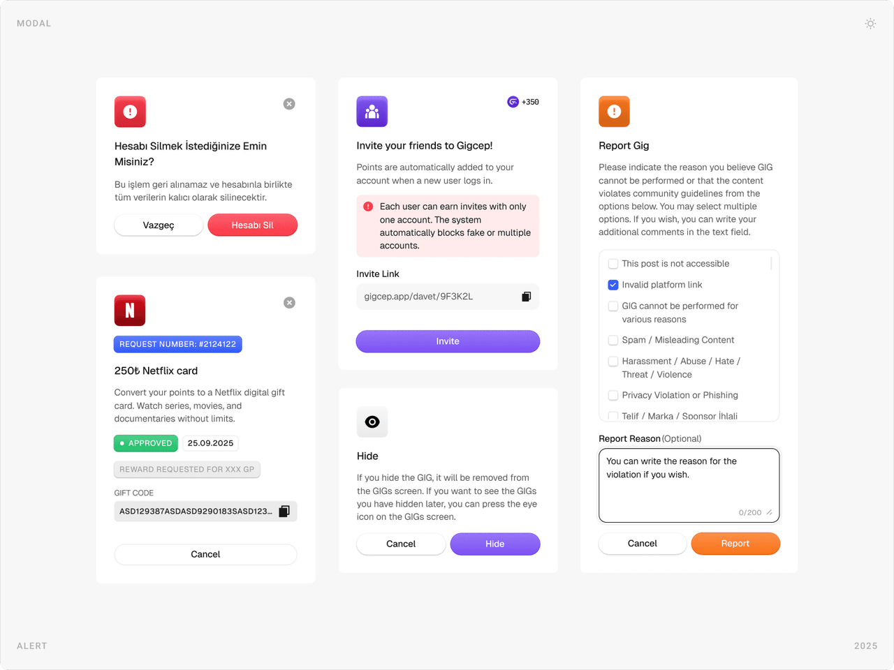 Modals for deleting an account, redeeming a Netflix gift card, inviting friends, hiding a gig and reporting a gig