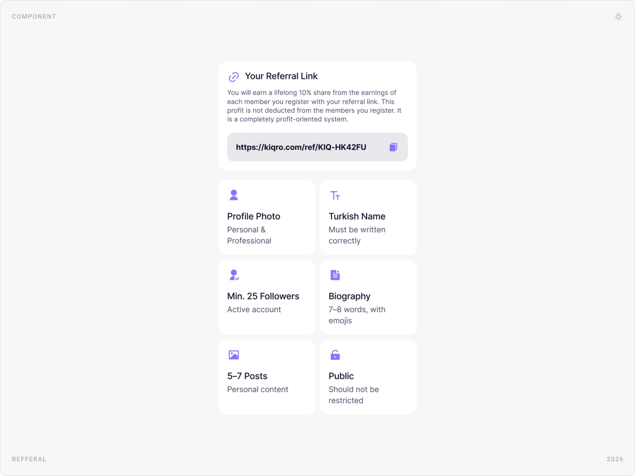 Referral link card with a copy button, above six requirement tiles: profile photo, Turkish name, followers, biography, posts, public account