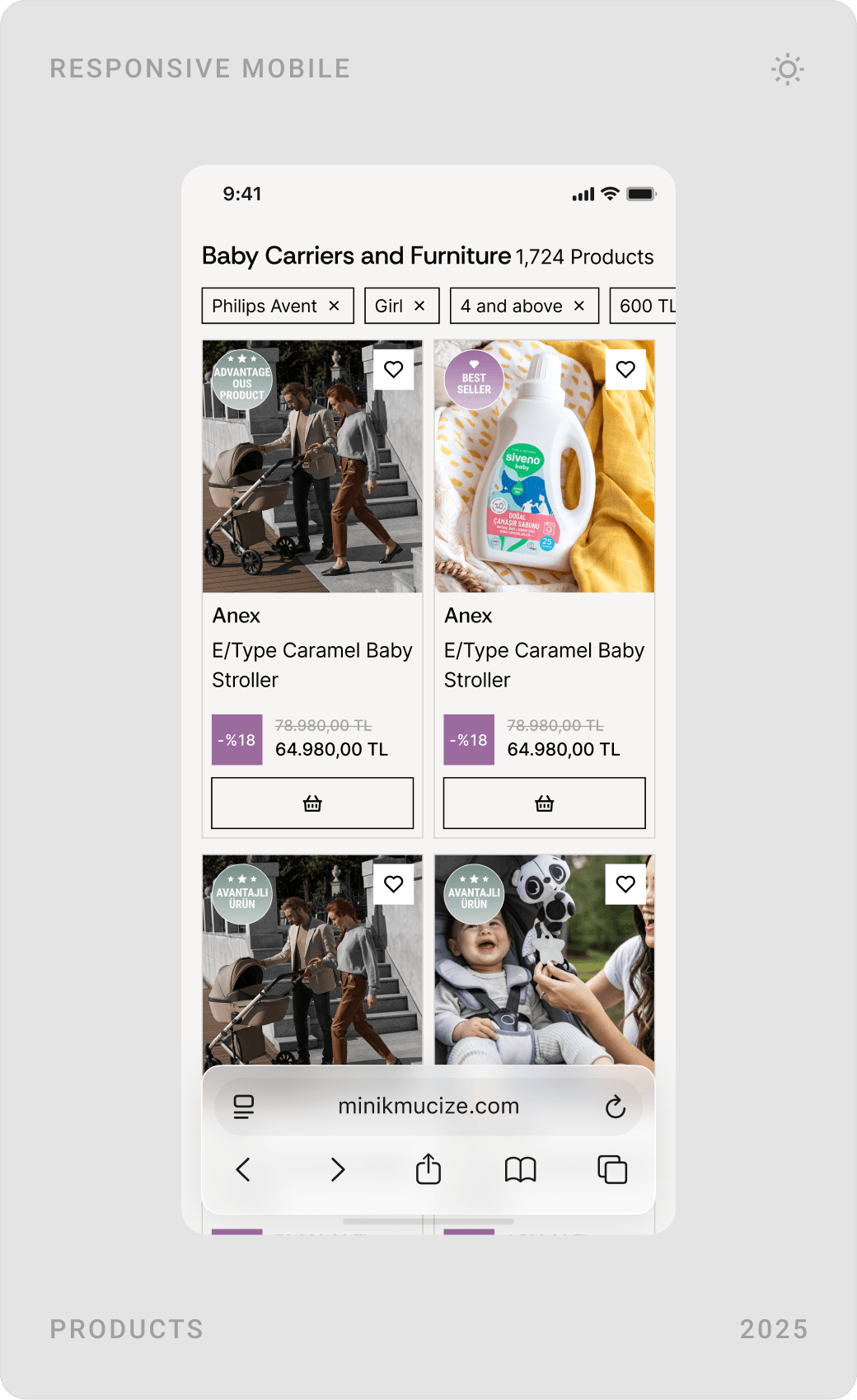 Mobile category listing for baby carriers and furniture, product grid, and filter panel with brands and price histogram