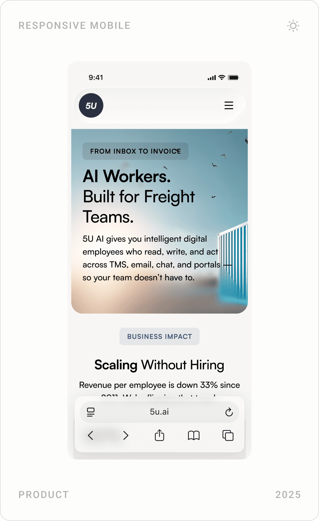 Mobile product and use-case pages for 5U AI
