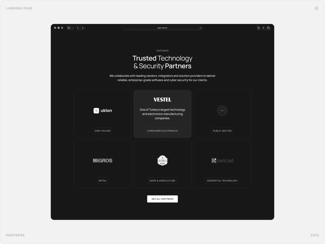 Dark “Trusted Technology & Security Partners” grid with partner logos labelled by sector and a “See all partners” button