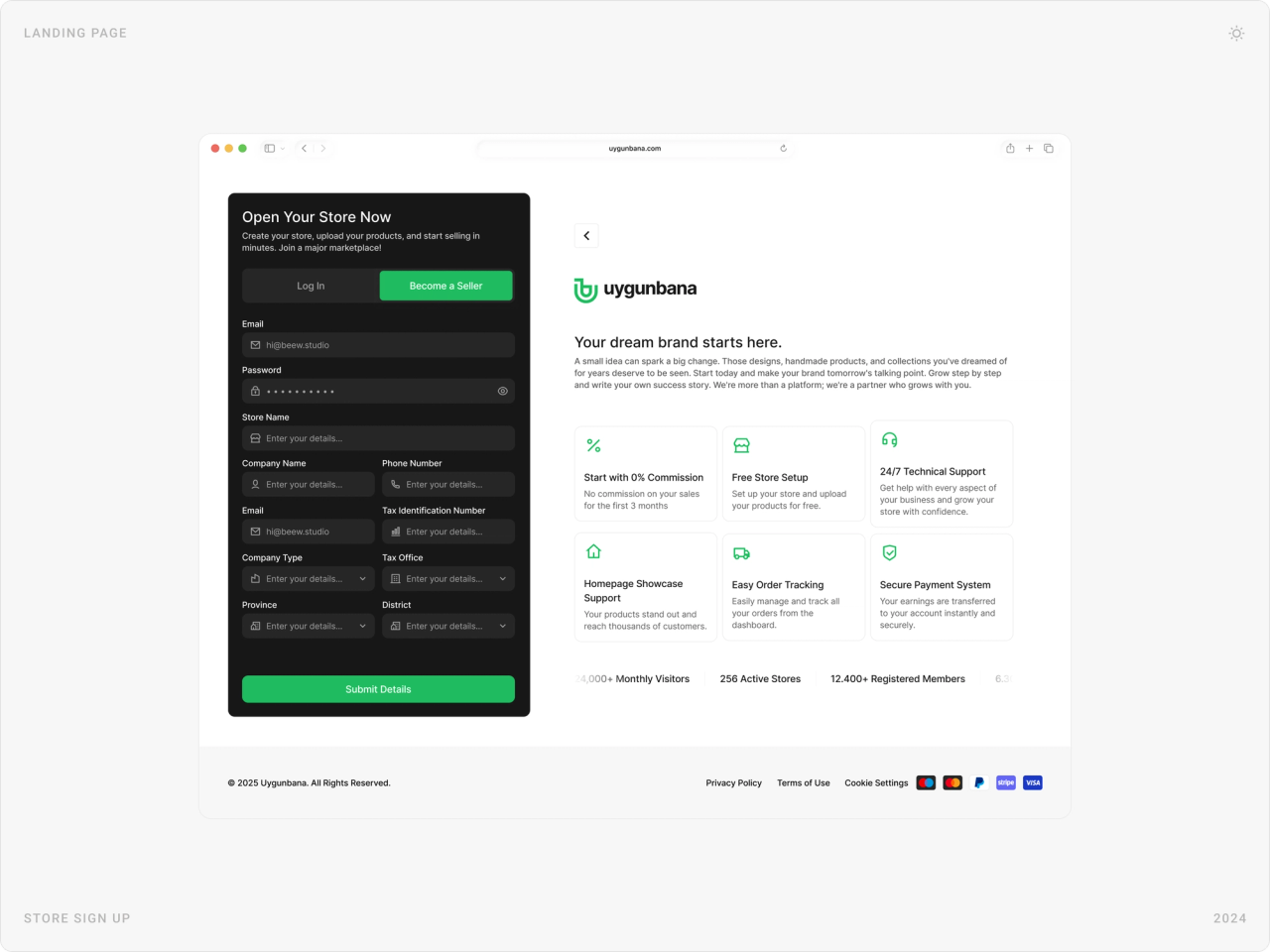 Open your store sign-up page with an application form and the benefits of selling on Uygunbana