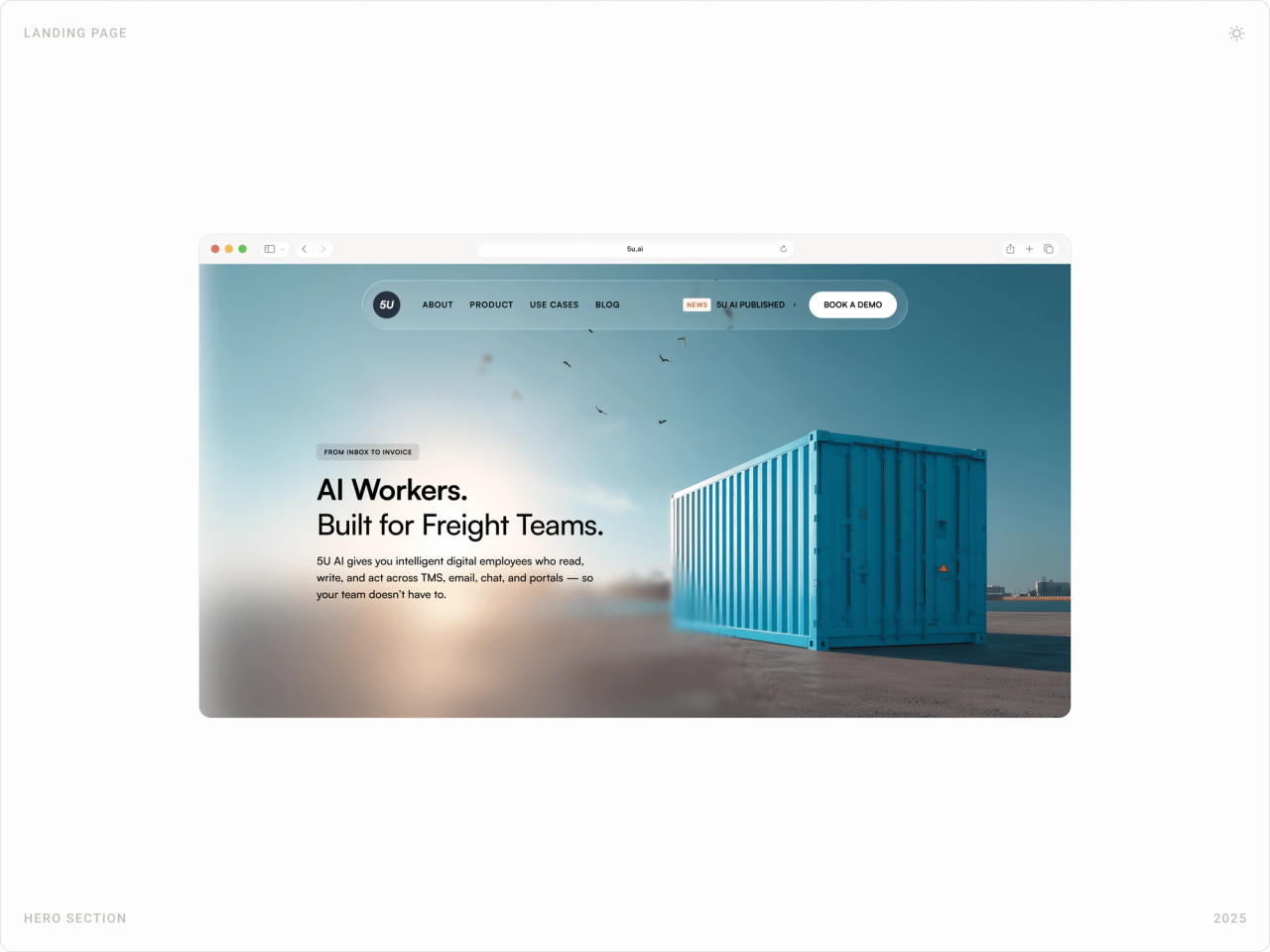 5U AI product page hero: “AI Workers. Built for Freight Teams.” with a shipping container