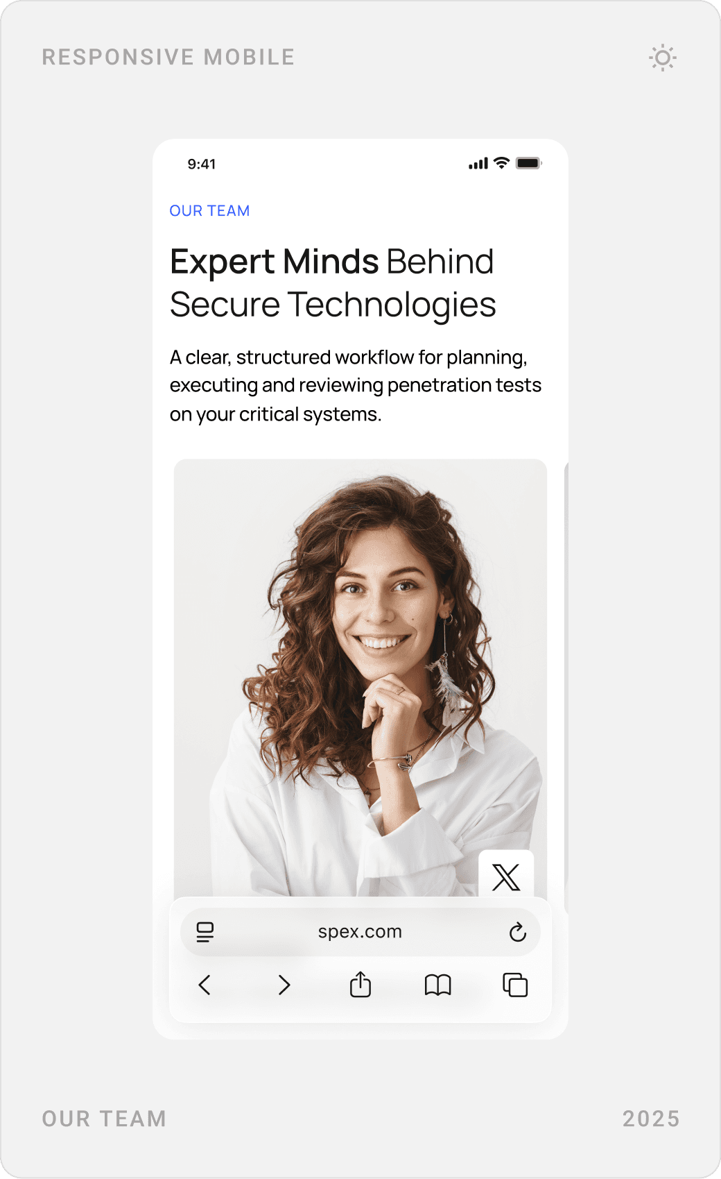 Mobile about page: “We build secure technologies for real-world operations”, who we are, and an “Expert Minds” team section
