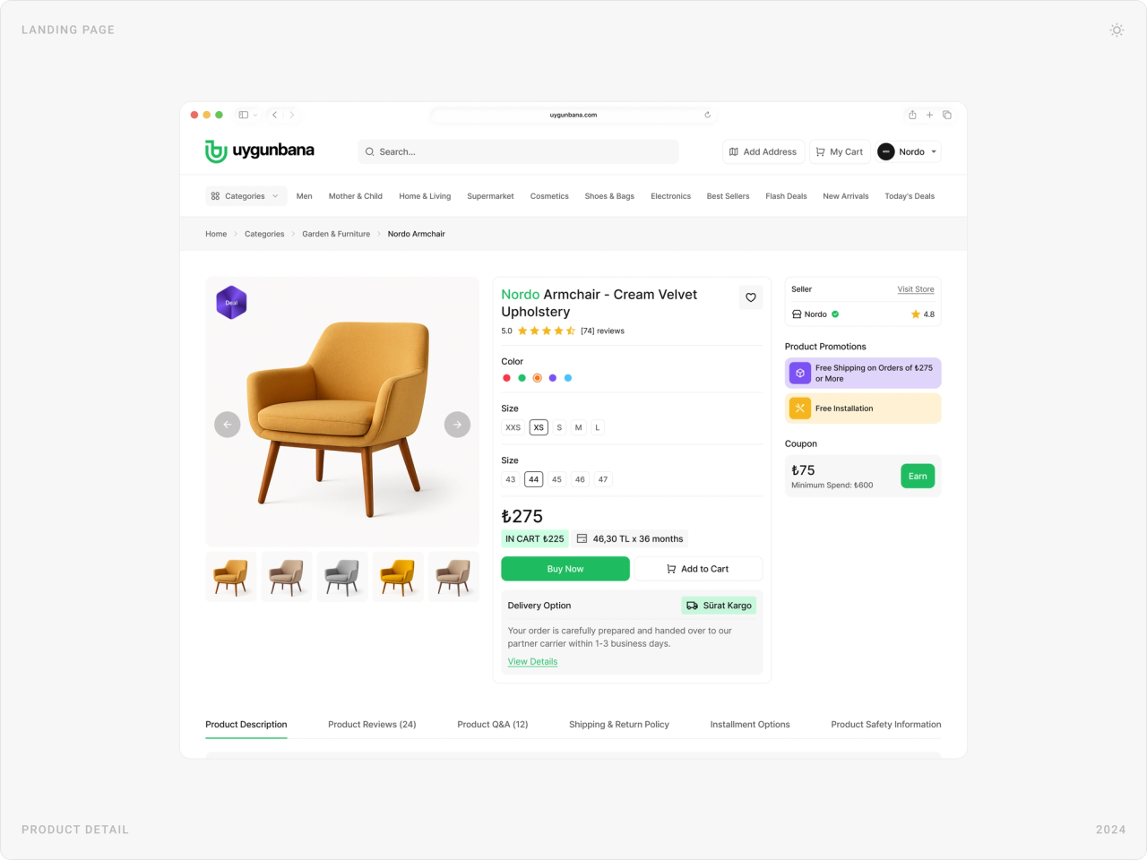 Product detail page for a cream velvet armchair with colour and size options, price, seller and buy buttons