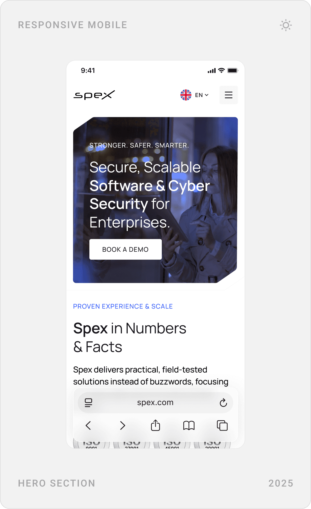 Mobile menu with expandable services, mobile hero and the “Spex in Numbers & Facts” section