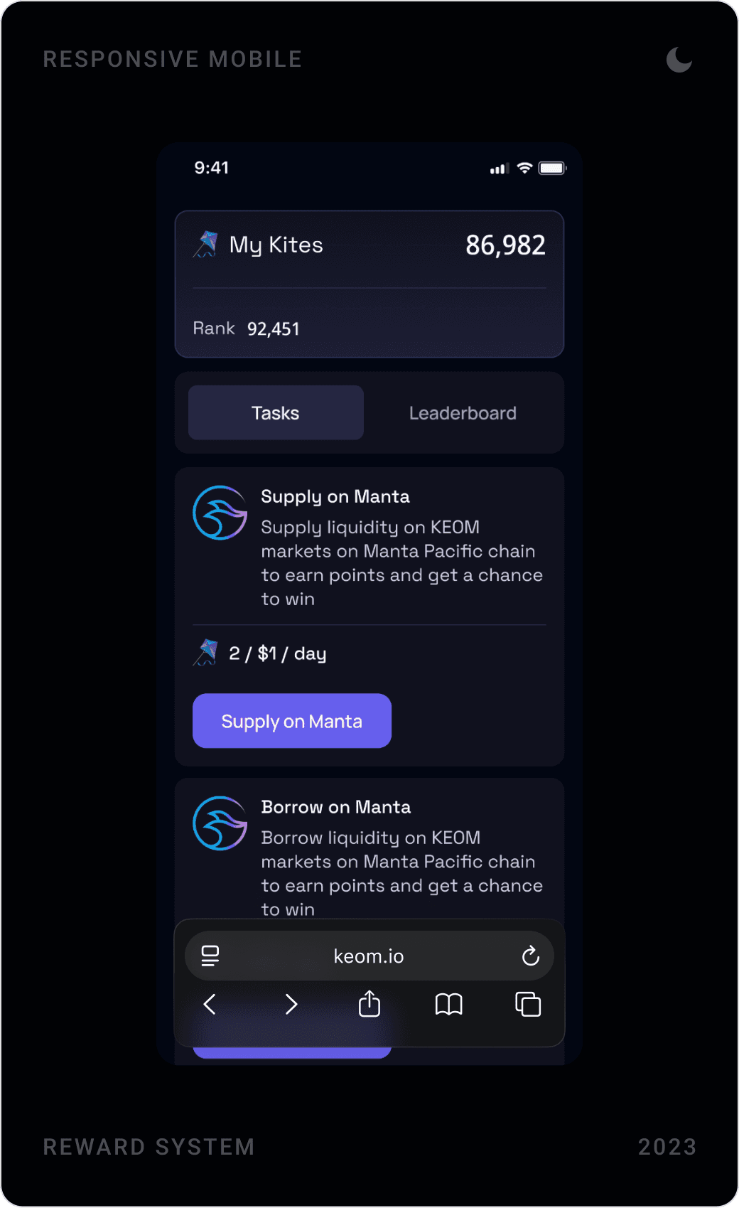 KEOM mobile rewards screens: Kite Festival welcome, task list with Supply on Manta, and points leaderboard