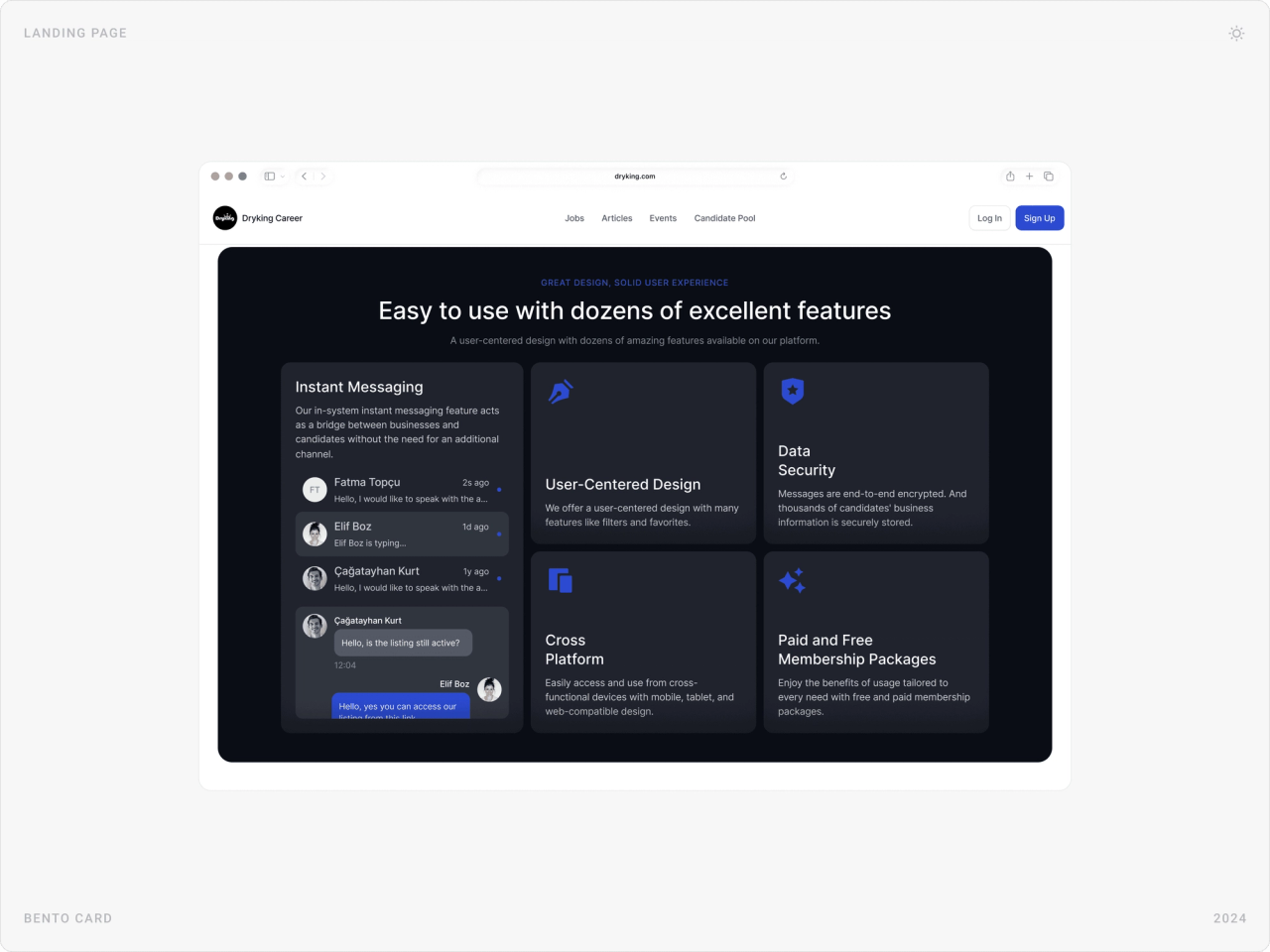 Dark bento section “Easy to use with dozens of excellent features”: instant messaging, data security, cross platform, membership packages