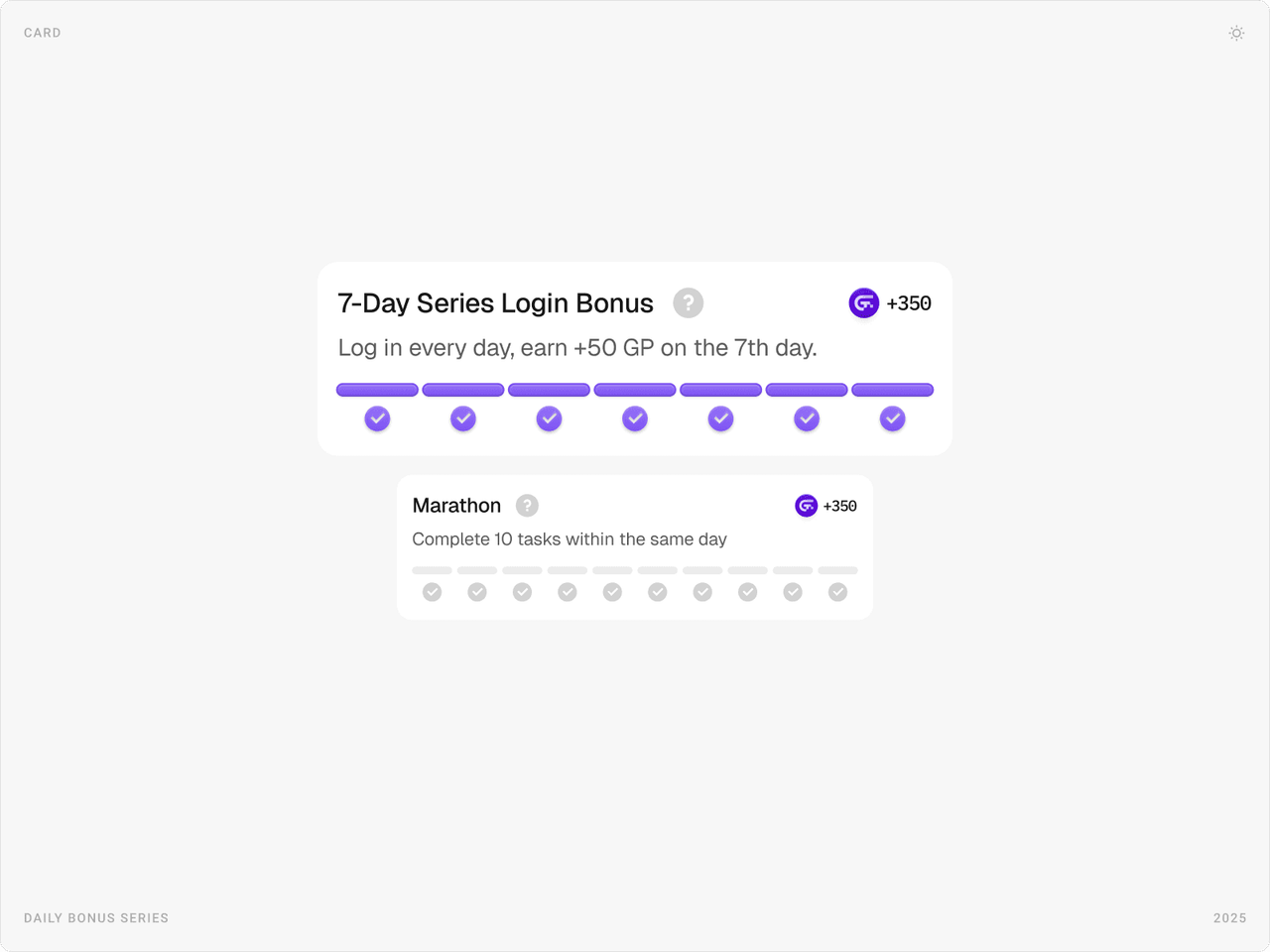 Daily bonus cards: 7-Day Series Login Bonus with a progress bar and a Marathon card for completing 10 tasks in a day