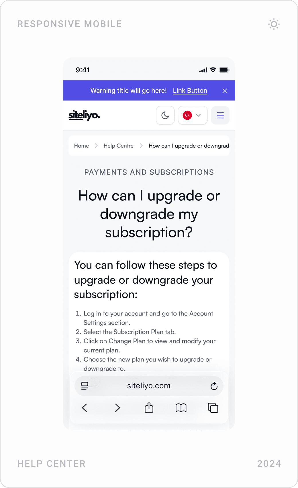Mobile help center: topic list, expandable questions and an article on upgrading or downgrading a subscription