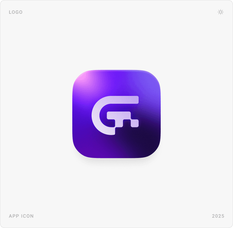 Gigcep app icon with a purple gradient G, next to the logo construction on an icon grid